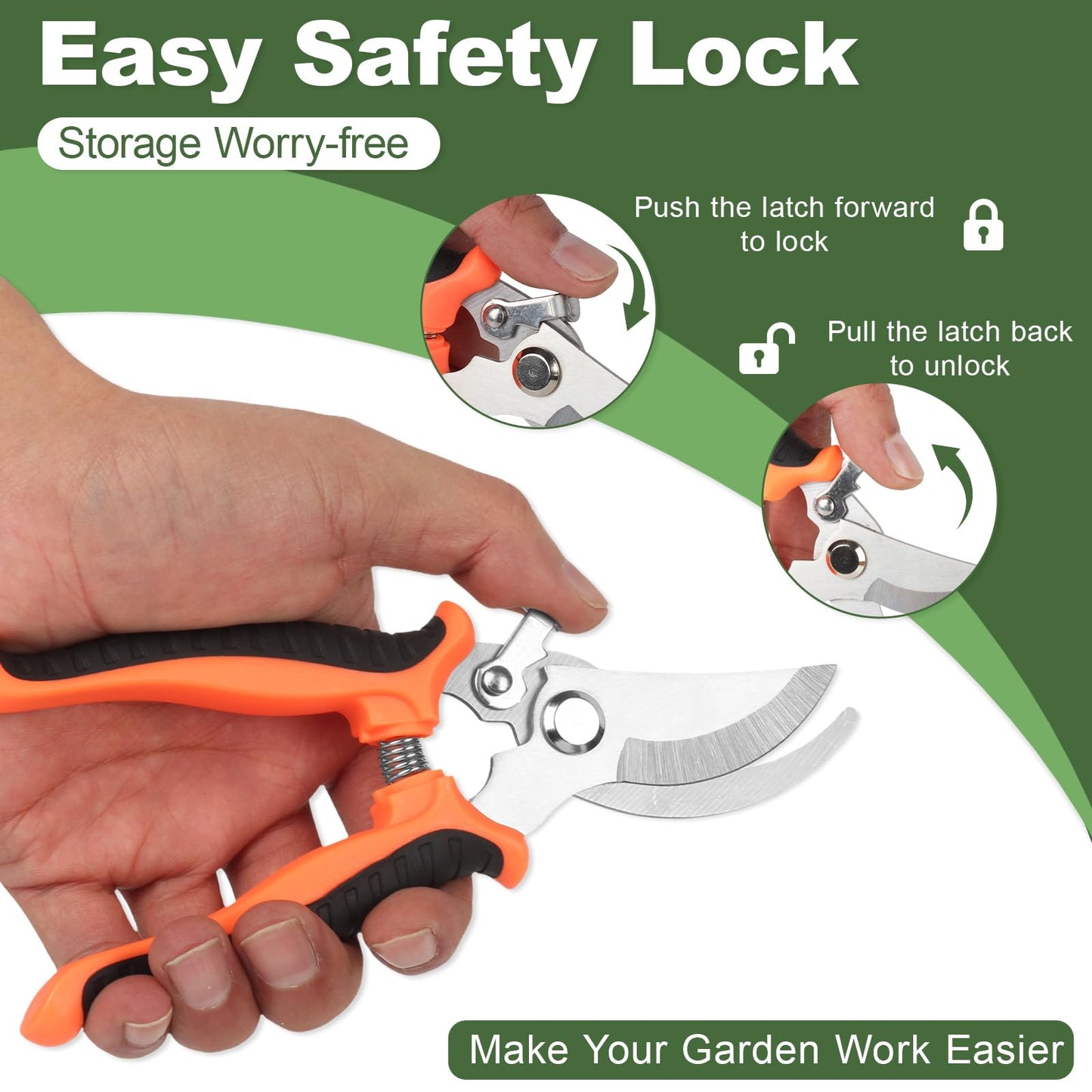 Hungsual Pruning Shear, Premium Gardening Scissors for Rose Bushes, 7.5IN Garden Pruner Effortlessly Cuts 0.6IN Branches with Stainless Steel Blades Softgrip, One-Hand Lock Garden Clippers for Shrubs