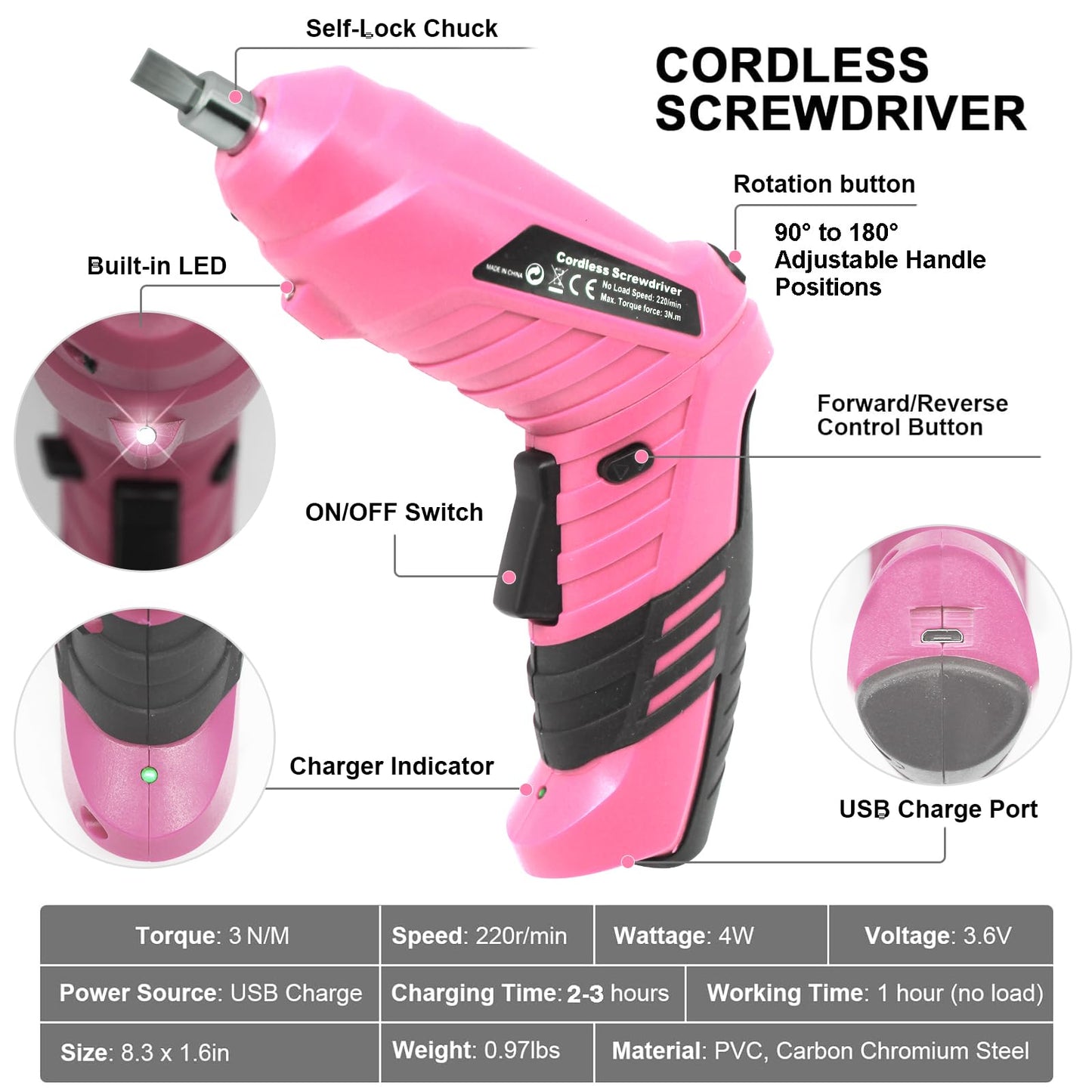 MYMULIKE Cordless Electric Screwdriver, 3.6V Rechargeable Power Screwdriver with 47 pcs Accessories, usb charging, 3Nm Screw Gun, mini Carrying screwdriver set with LED Light Electric Power Drill Set