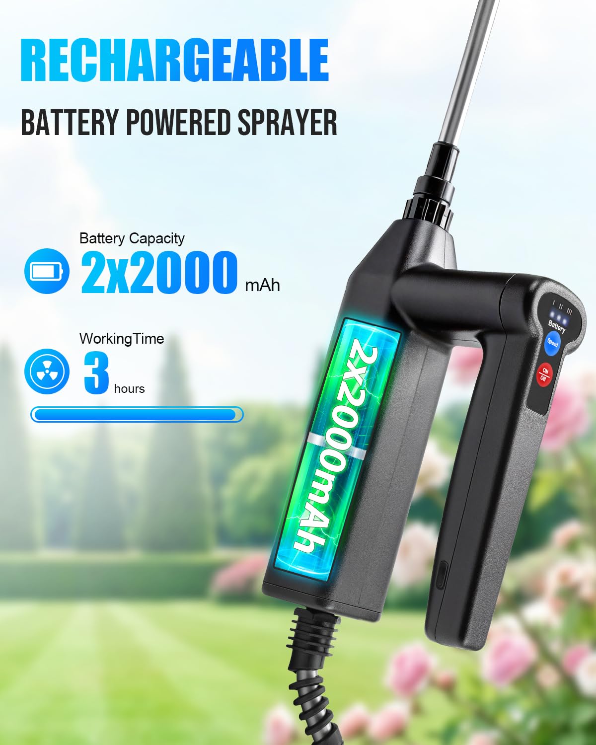 Sylsmart Battery Powered Sprayer 2 Gallon, Electric Weed Sprayer with 3 Adjustable Pressure Levels, 4 Nozzles & Extendable Wand, Rechargeable Garden Sprayer for Yard, Lawn, Plants & Fertilizer