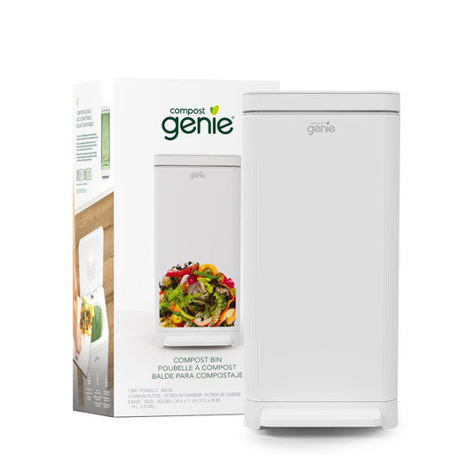 Kitchen Compost Bin, White Stainless-Steel Large, 3.6 Gallon, Indoor Odorless Composting, Hands-Free, Washable Parts, Includes 8 Tear-Off Compostable Bags and 1 Carbon Filter
