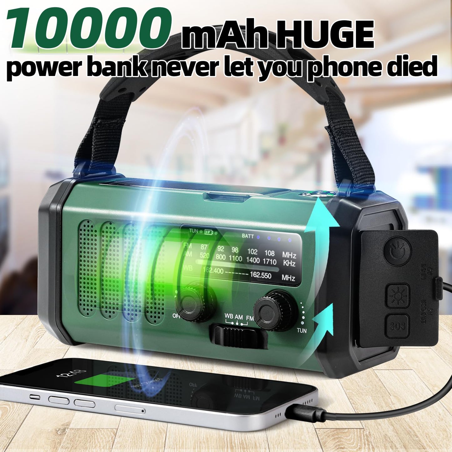QAUYYW Hand Crank Emergency Radio,37000mWhSolar Powered Hand Crank Portable NOAA AM FM Weather Radio with 3Mode Flashlight and Reading Light,Cell Phone Charger,Home and Emergency Distress Signa