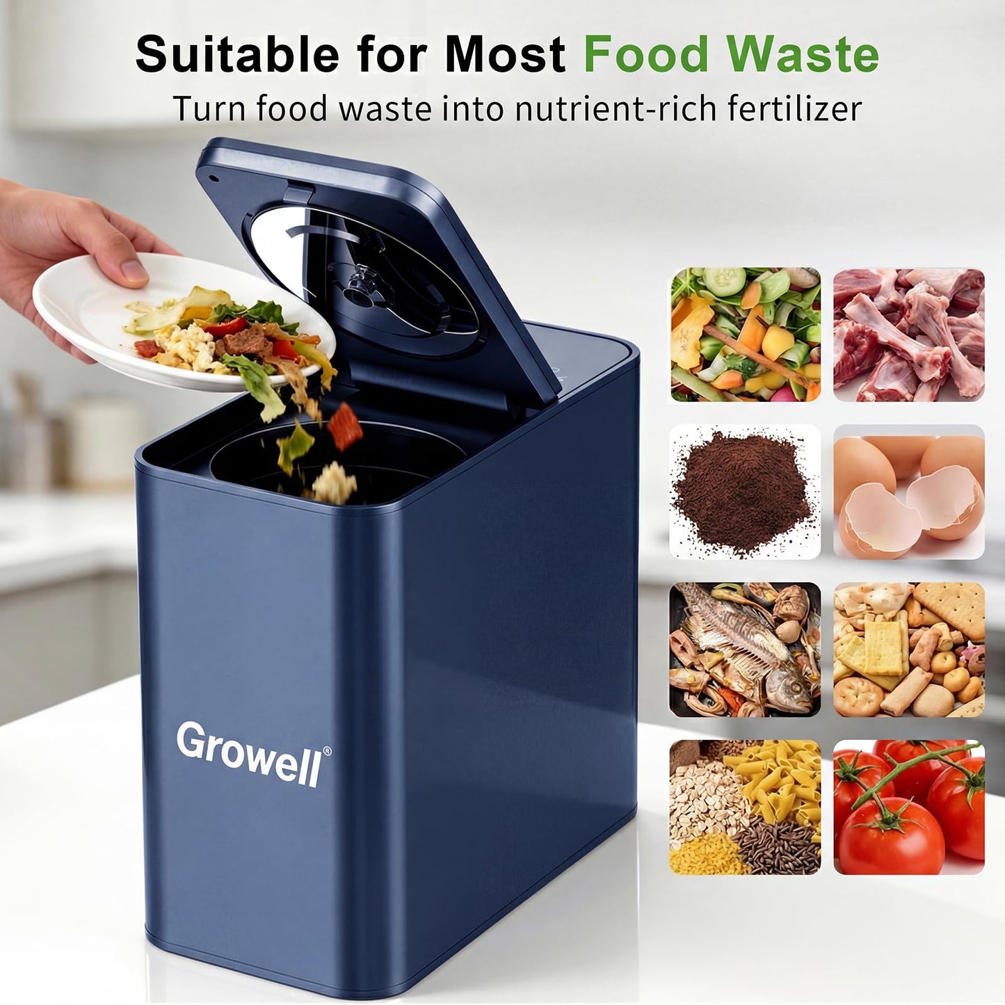 Growell Electric Composter for Kitchen, 3.2L Smart Countertop Compost Bin, Low Noise, Odorless, Indoor Food Waste Composter with LED Display, Auto-Cleaning, Turn Food Waste into Fertilizer,EC04