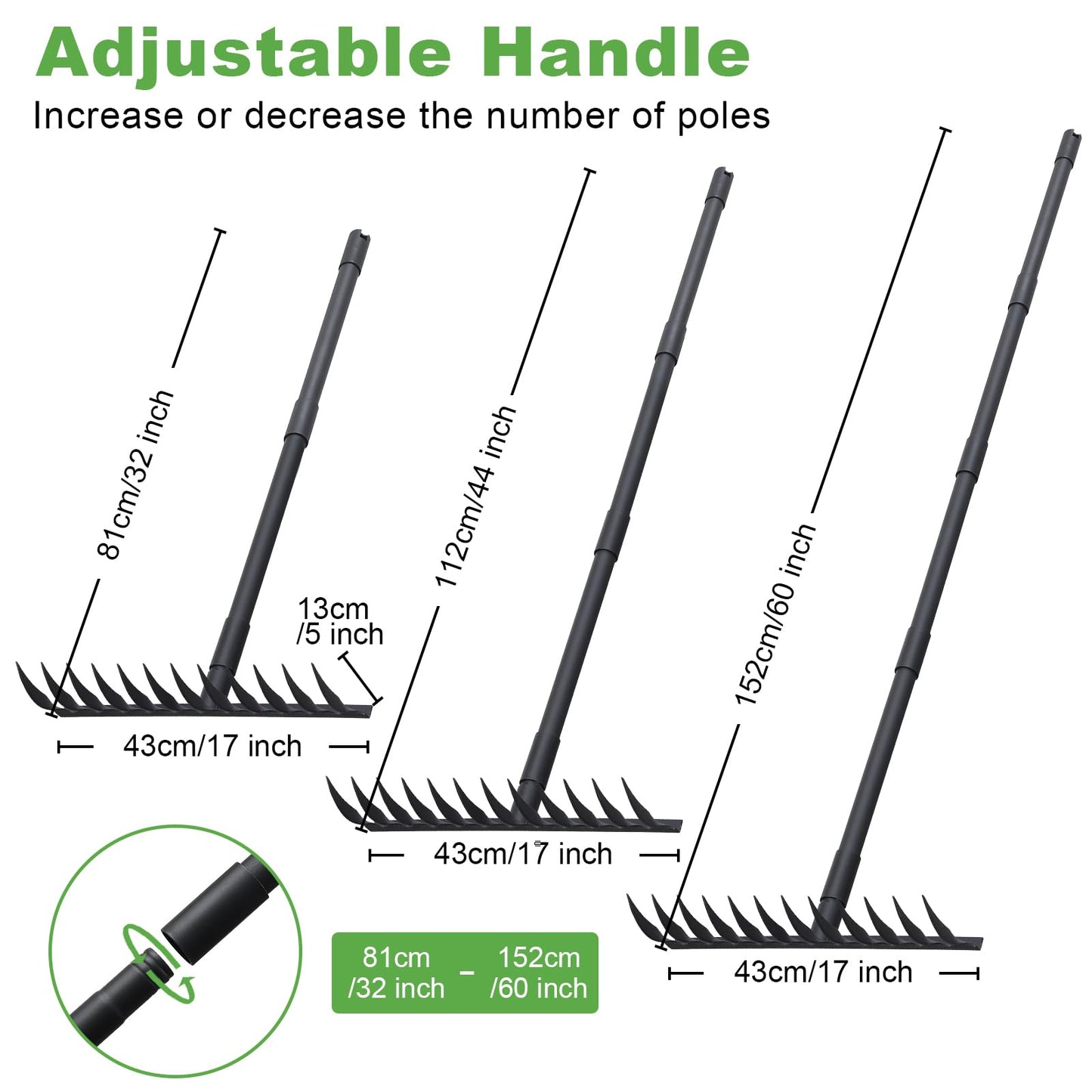 Pragmatist Bow Rake Heavy Duty 60" Metal Head Garden Rake with Adjustable Stainless Steel Handle Garden Tool for Loosening Soil Leveling Mulch Gathering Leaf