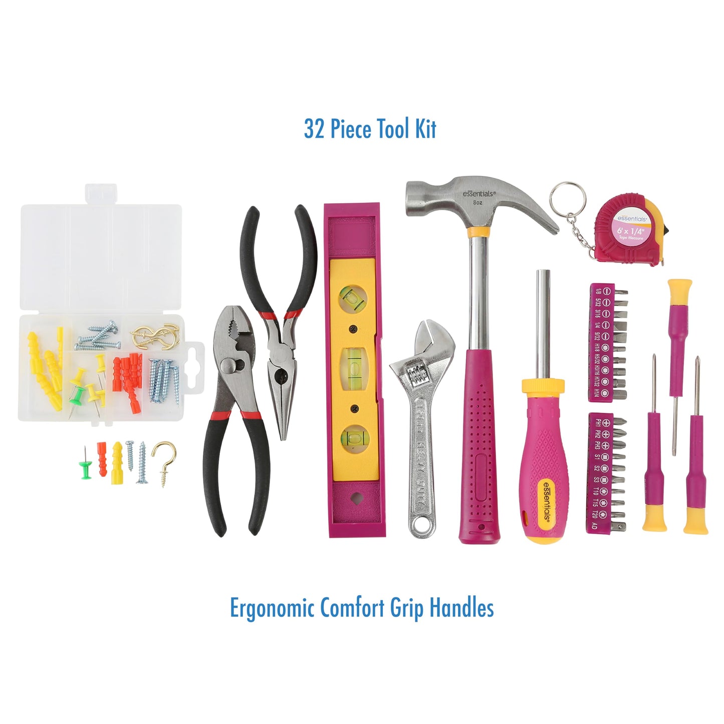 Pink DIY House Tool Kit for Home, Mothers Day Gifts, 32-Piece, College, House Projects, Apartment Essential, Basic Tool Set, Mothers Day Gifts for Mom