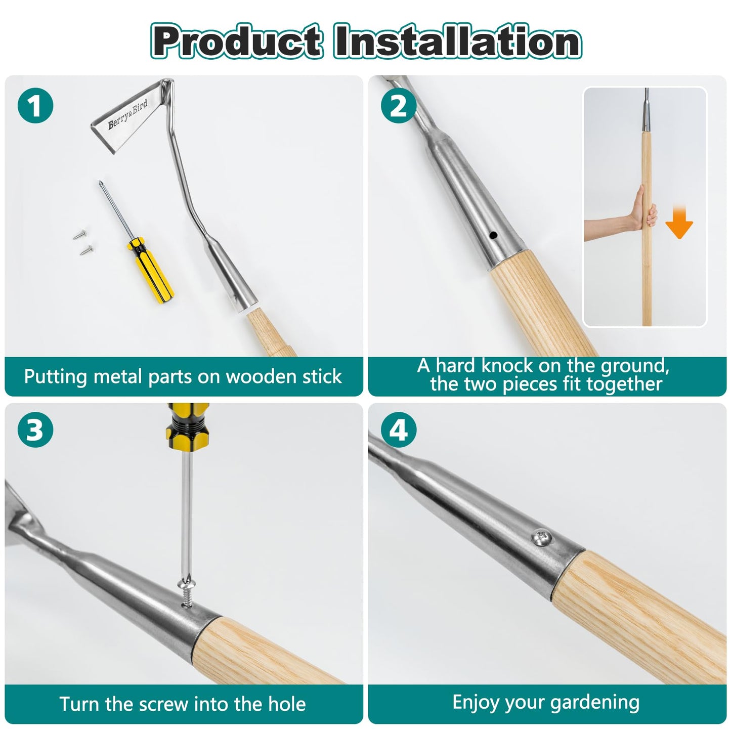 Berry&Bird Swoe Garden Hoe, 61.8'' Stainless Steel Long Handled 3 Edge Hoe with Wooden Hand, Mini Angled/Warren Hoe, Soil Cultivator Weeding Tool for Grass Flower Backyard