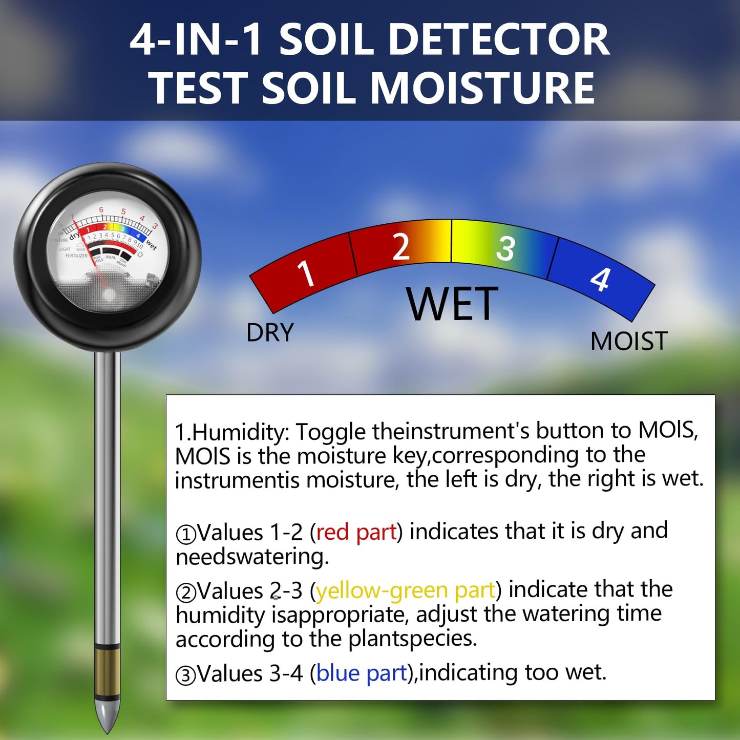 Vitamicor 4-in-1 Soil Tester, Battery Free Plant Moisture Meter with PH/Moisture/Light Test/Fertilizer, Soil PH Meter for Garden, Lawn, Potted Plants, Farm (90° Rotation)