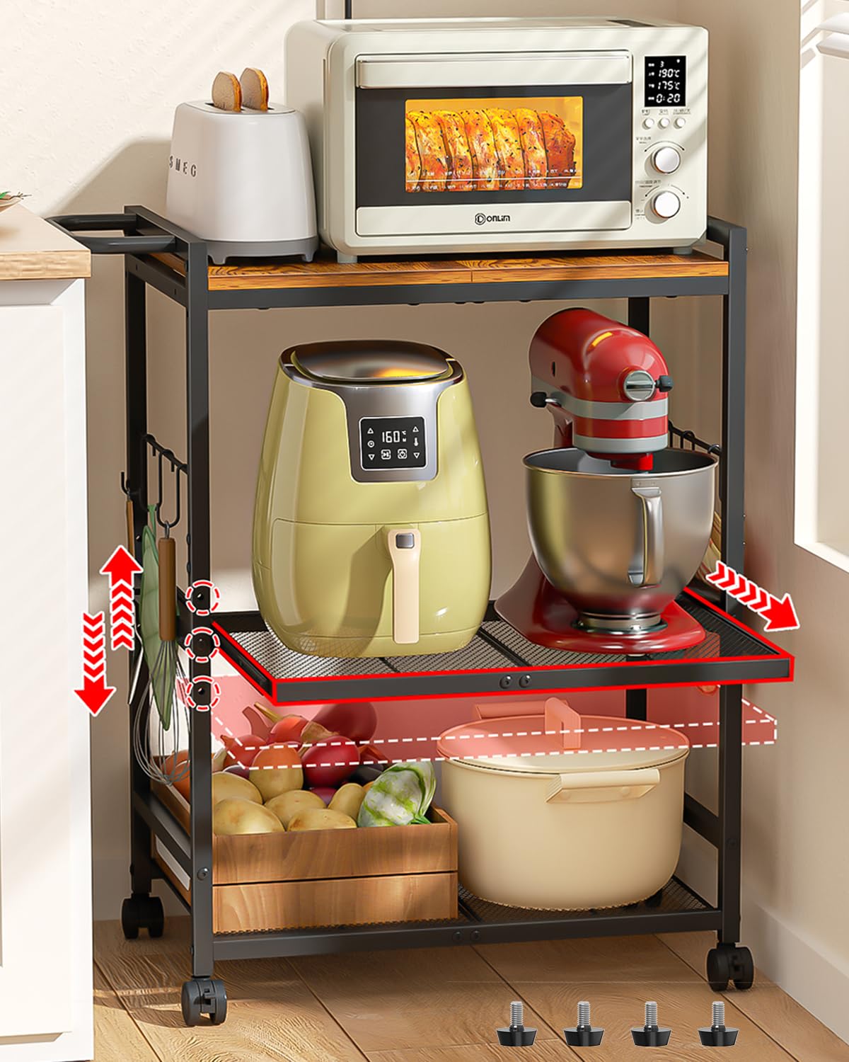 Feyejade Microwave Cart with Adjustable Shelves 3-Tier, Rolling Kitchen Cart with Push Handle, Microwave Stand with Storage, Small Utility Cart with Drawer Slider Shelf for Kitchen, Living Room