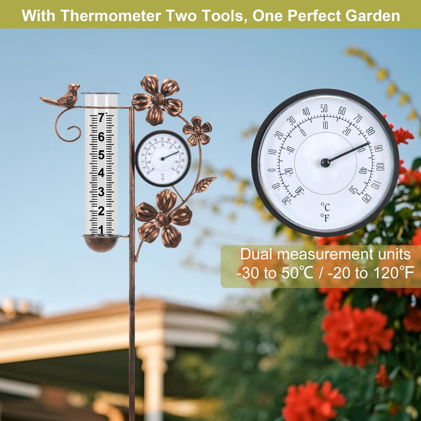 shumi Rain Gauge Outdoor with Thermometer Garden Decor, Bird and Flower Decorative Outdoor Rain Gauges for Yard Patio Lawn, Gardening Gifts for Women