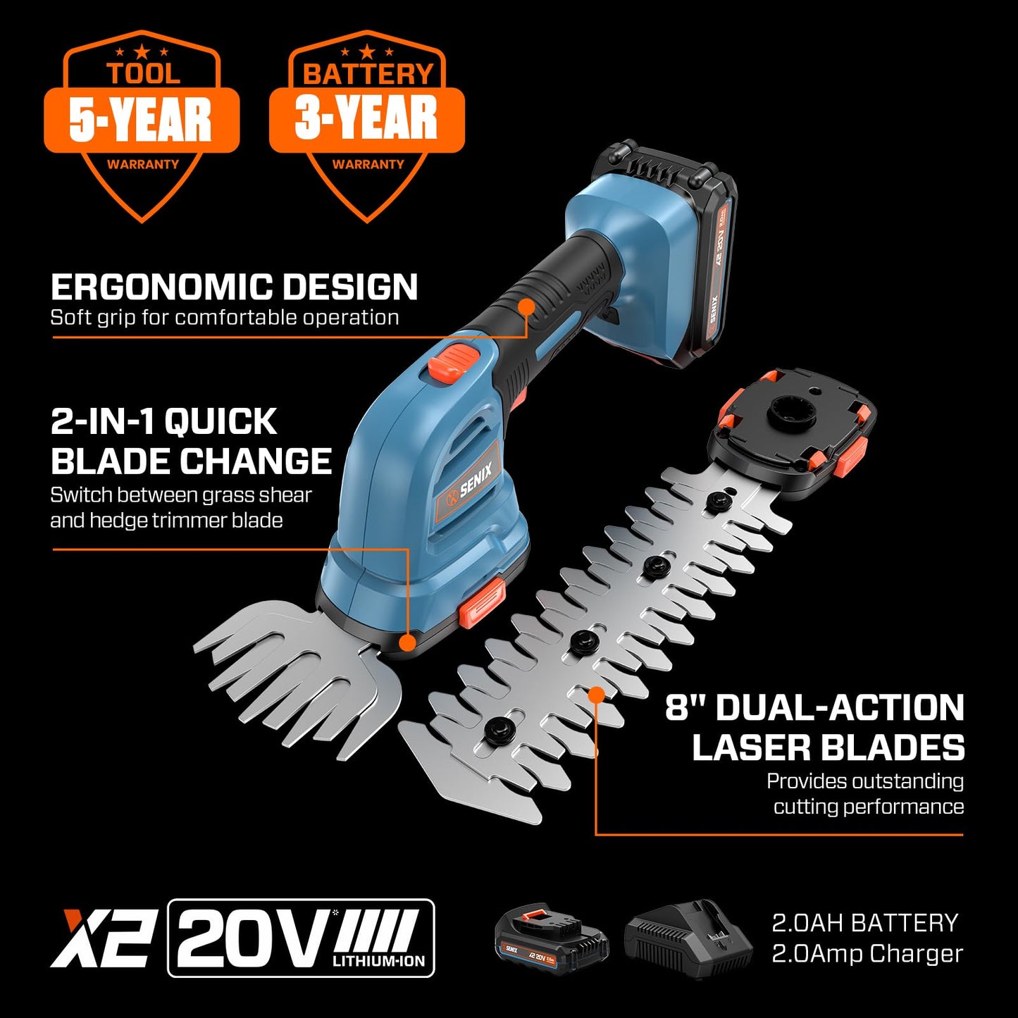 Senix X2 20 Volt Max* 2-in-1 Cordless Hedge Trimmer and Grass Shear with Interchangeable 4-Inch and 8-Inch Blades, Includes 2.0 Ah Battery and Charger (GSX2-M)