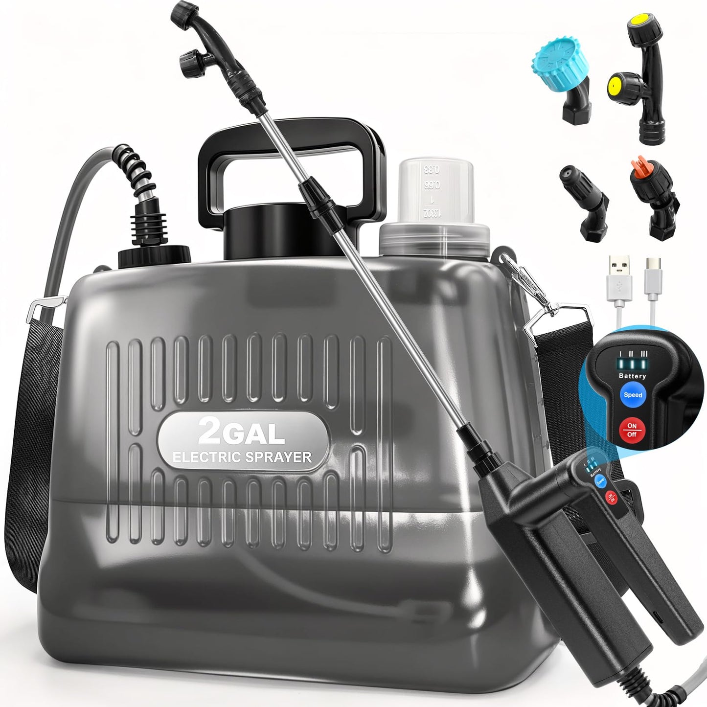 Sylsmart Battery Powered Sprayer 2 Gallon, Electric Weed Sprayer with 3 Adjustable Pressure Levels, 4 Nozzles & Extendable Wand, Rechargeable Garden Sprayer for Yard, Lawn, Plants & Fertilizer