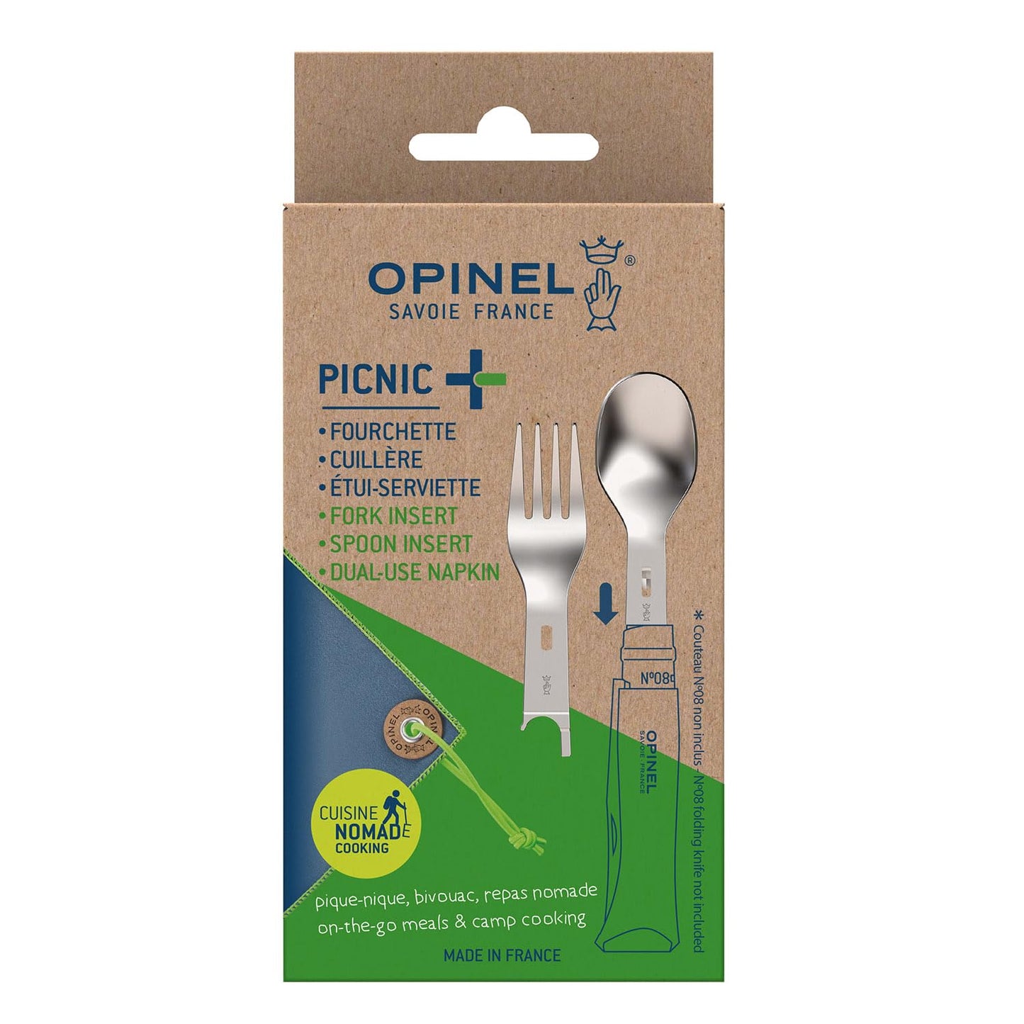 Opinel Picnic+ Cutlery Insert Set for No. 8 Folding Pocket Knives, Fork and Spoon Insert, Micro Fiber Napkin, Made in France