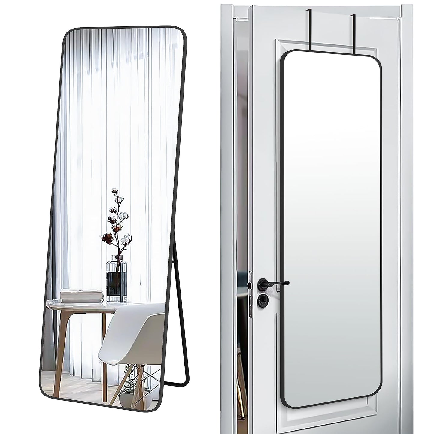 SCWF-GZ 57x20 Door Hanging Full Length Mirror, Floor Stand (Height 5.7ft just Body in1.3ft) Wall Mounted Metal Frame Rectangle Dressing Mirrors for Bedroom Living Room 57 inch Black