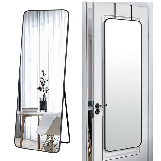SCWF-GZ 57x20 Door Hanging Full Length Mirror, Floor Stand (Height 5.7ft just Body in1.3ft) Wall Mounted Metal Frame Rectangle Dressing Mirrors for Bedroom Living Room 57 inch Black