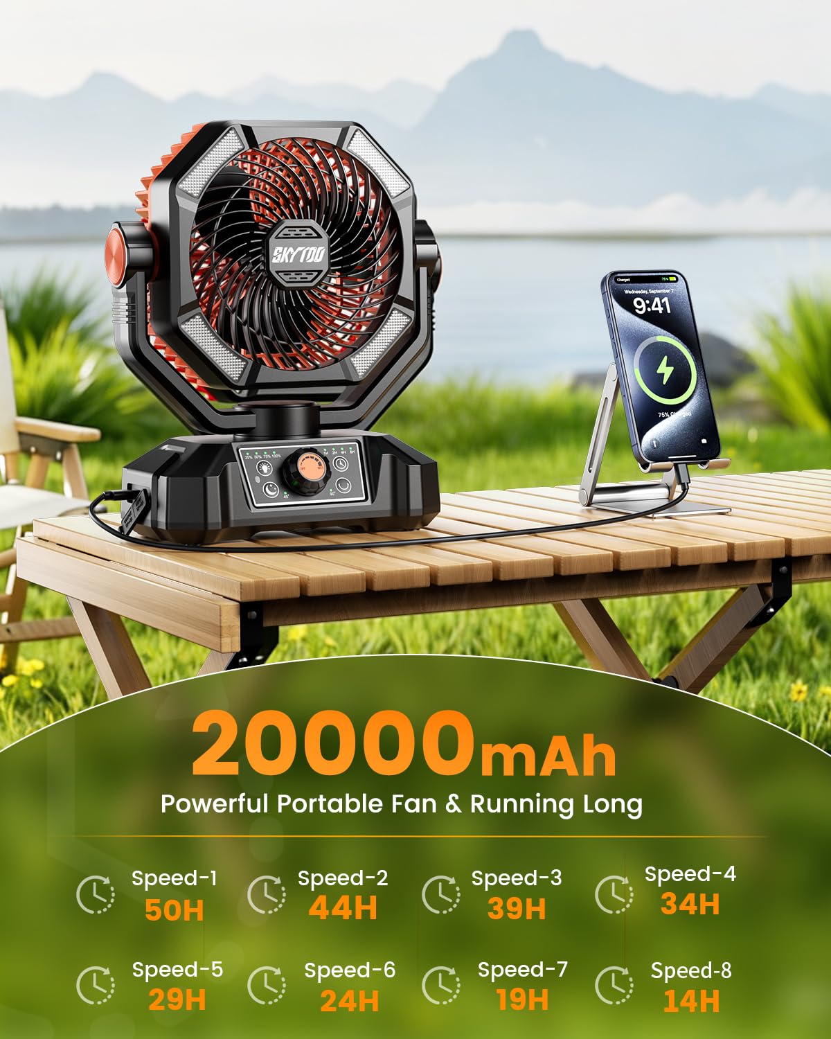 Skytoo Camping Fan, 20000mAh Battery Powered Fan with LED Lantern, Rechargeable Battery Operated Oscillating with Remote Hook, 8 Speeds Outdoor Fans for Teny, Picnic, Fishing, Travel, Jobsite Black