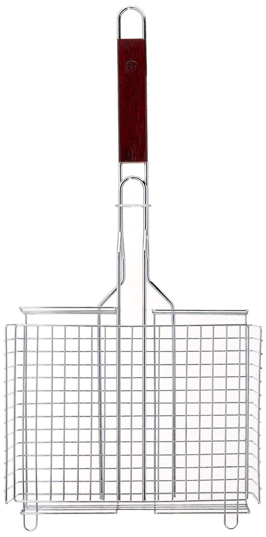 Outset Rosewood Handle Grill Basket, Fish and Vegetable Grill Basket, Chrome