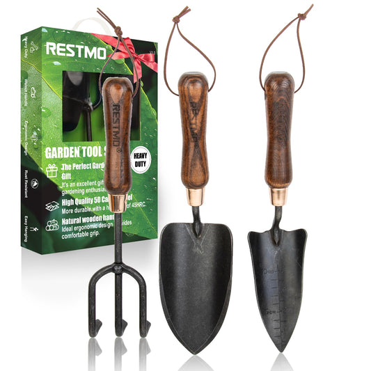 RESTMO 3-in-1 Heavy Duty Gardening Tools Kit, Premium Carbon Steel Garden Hand Tools with Ergonomic Wooden Handle Includes Trowel, Transplanter, and Cultivator, Ideal Gardening Gifts for Gardener