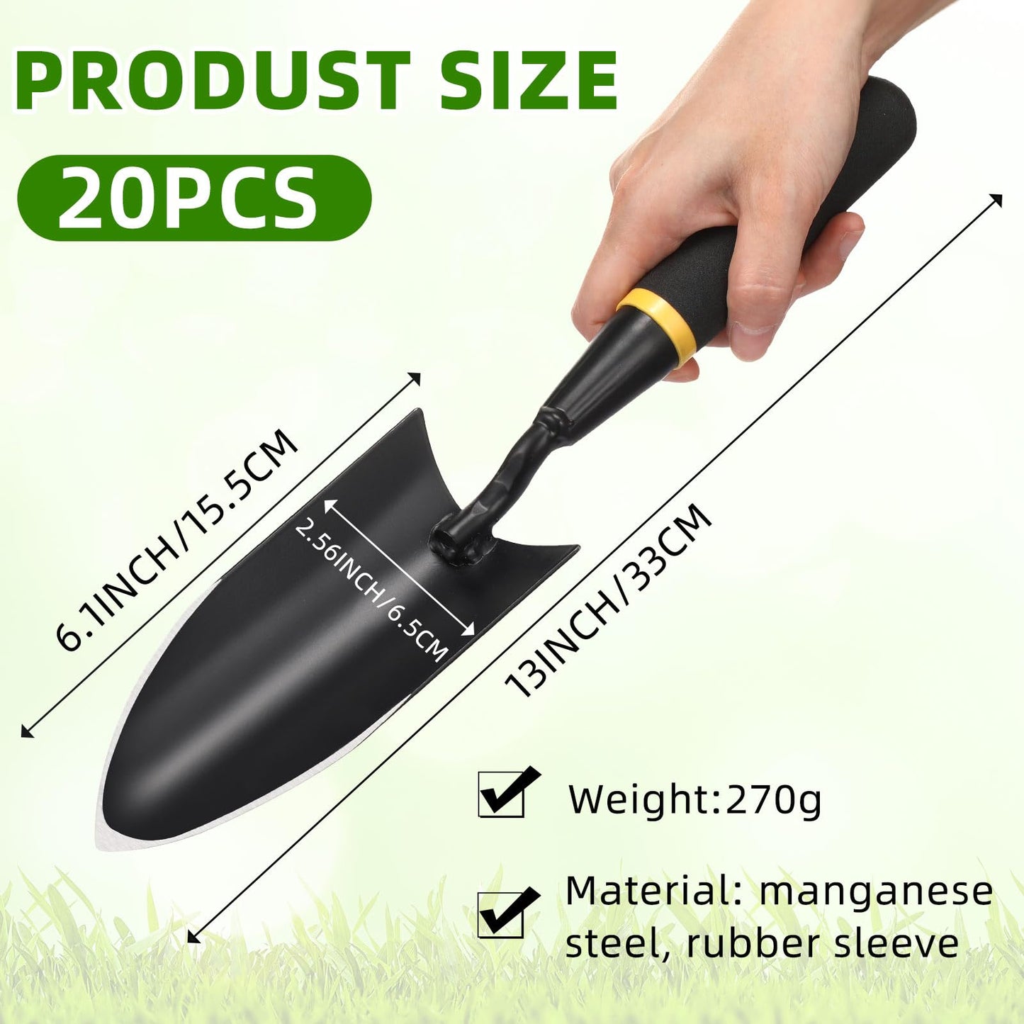 Leriton 20 Pcs Garden Hand Trowel Heavy Duty Carbon Steel Garden Shovels Tools with Resin Rubberized Handle for Camping, Digging, Soil Planting, Transplanting, Lawn Yard Farm (Narrow Trowels)