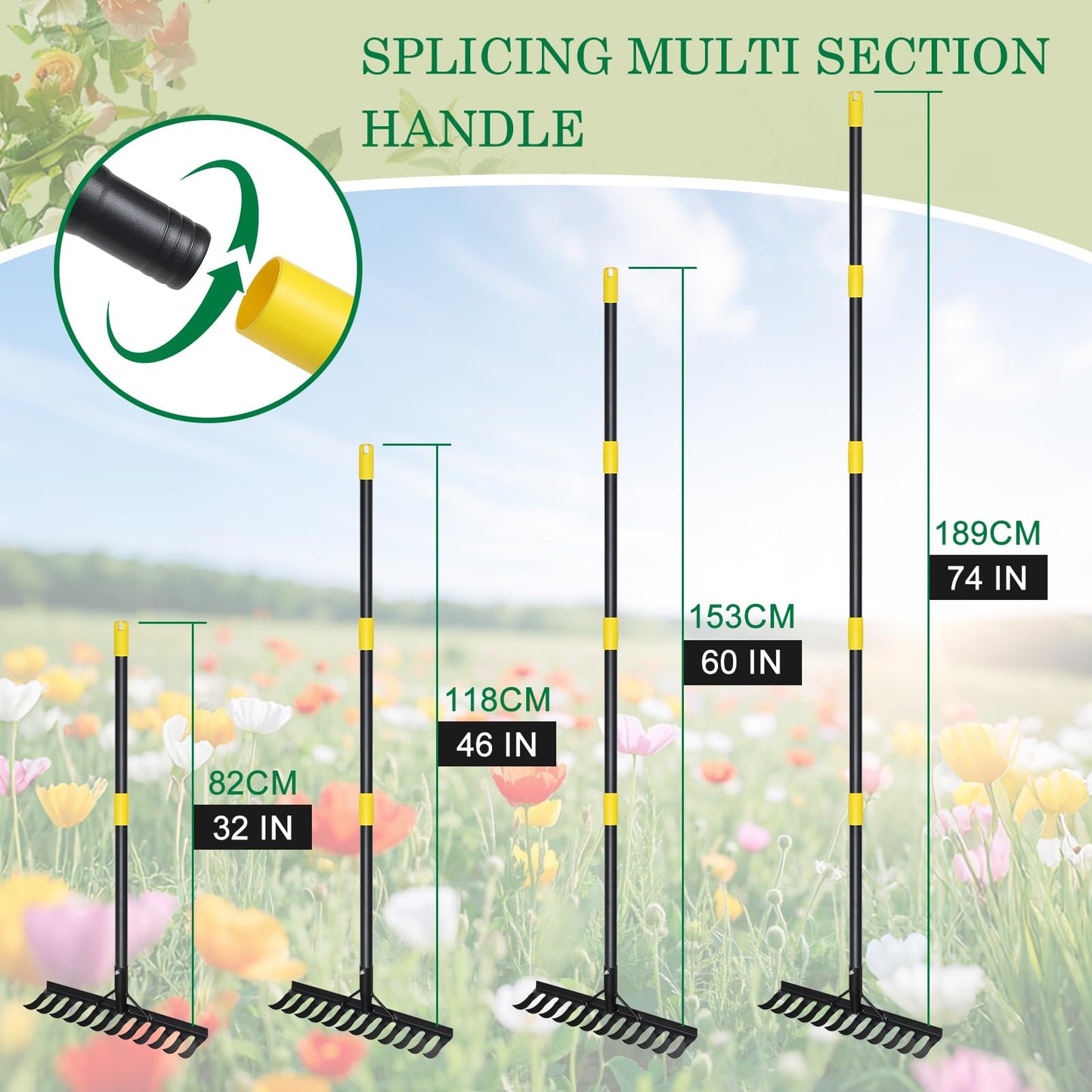 Garden Rake Heavy Duty, 74 Inch Metal Rake with 12 Tines, Bow Rake with Long Handle for Loosening Soil Leveling Lawn Farming Land, Black