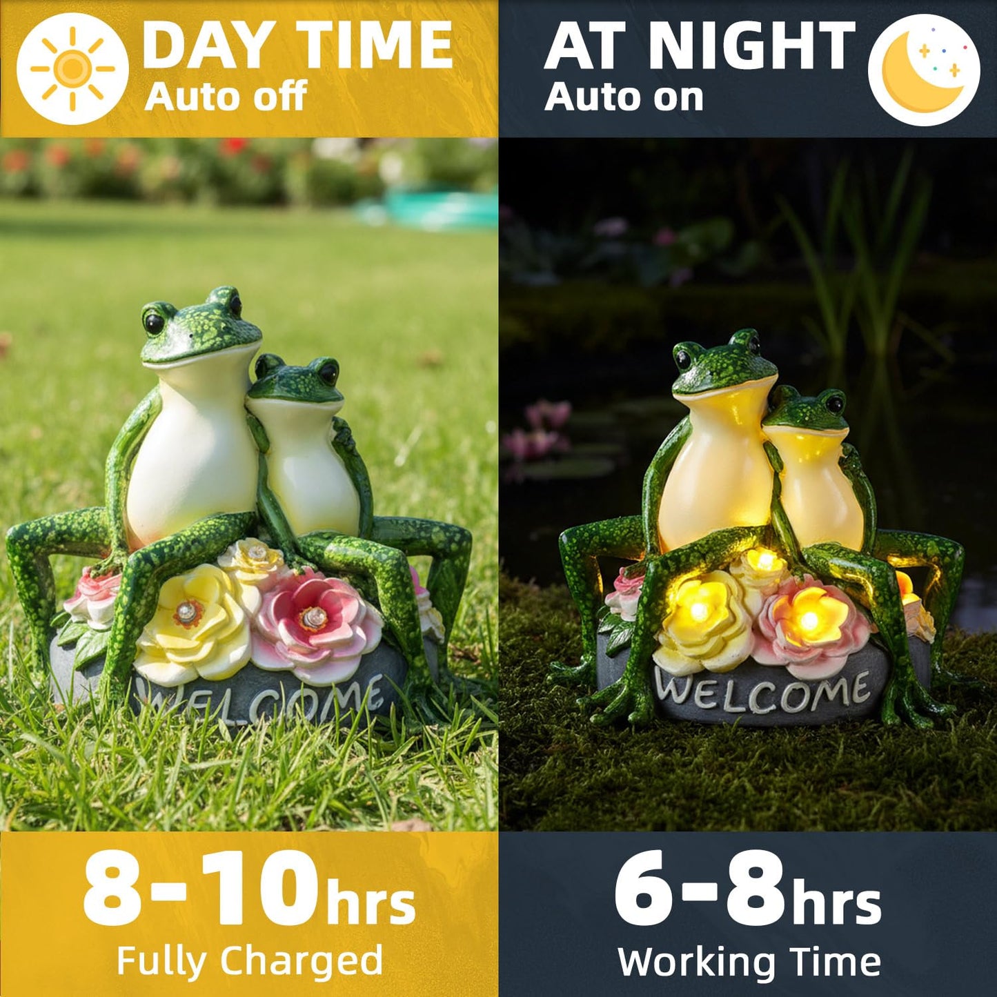 Solar Frog Garden Statues Outdoor Decor - 5.5" Resin Frog Figurine with Welcome Sign, Waterproof Yard Art Ornament for Patio Lawn Porch, Unique Housewarming Birthday Gifts for Women Mom Grandma
