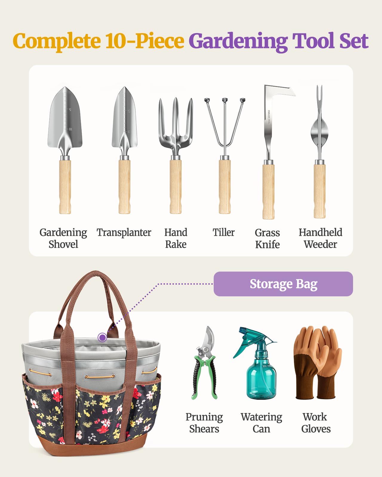 Floraxa 10-Piece Garden Tool Set, Heavy-Duty Stainless Steel Rust-Proof Gardening Tools with Ergonomic Wood Handles, Reinforced Organizer Handbag for Planting, Gardening Gift Set for Women, Mother