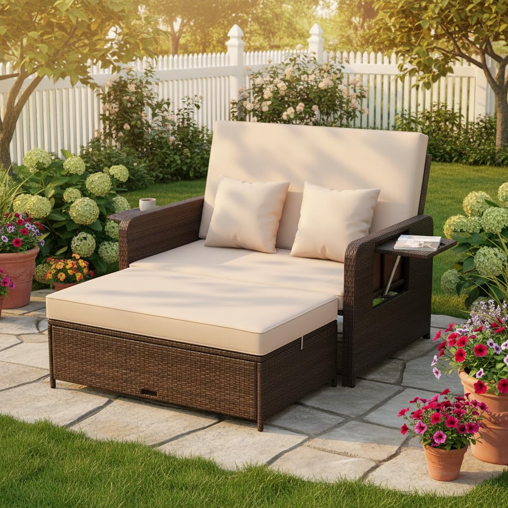 Tangkula Patio Rattan Daybed with 4-Level Adjustable Backrest, Outdoor PE Wicker Loveseat with Storage Ottoman & Folding Side Tray, Double Sunbed Lounger for Balcony, Backyard & Poolside