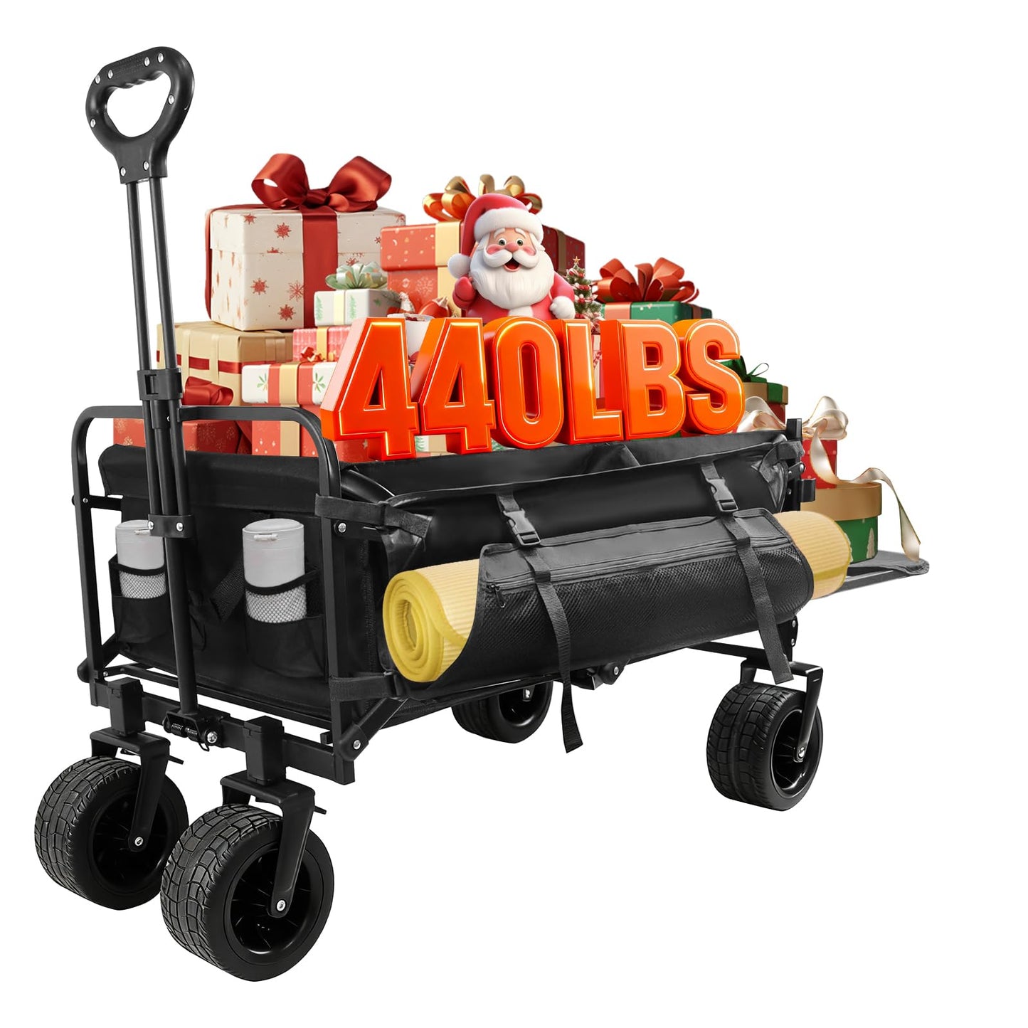 CQKEDMA 440 LBS Wagons Carts Foldable, Folding Collapsible Wagon Cart with Big All-Terrain Wheels & Cup Holders, Utility Graden Carts for Camping, Beach, Garden and Shopping