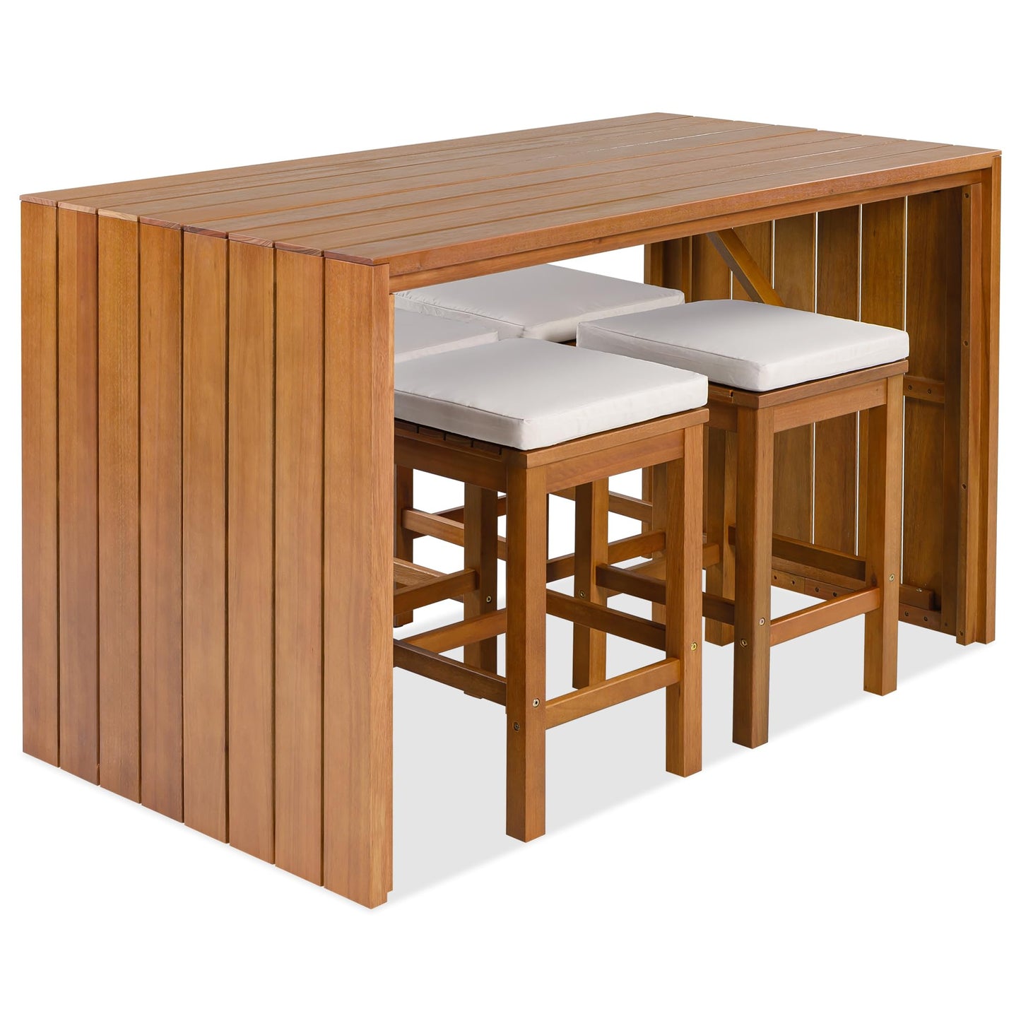 Merax 5 Piece Outdoor Acacia Wood Dining Table Bar Set, Patio Acacia Wood Bar Height Table & 4 Stools with Cushions, Wood Dining Bar Set for Backyard, Poolside, Balcony, Beige Cushion + Natural Wood