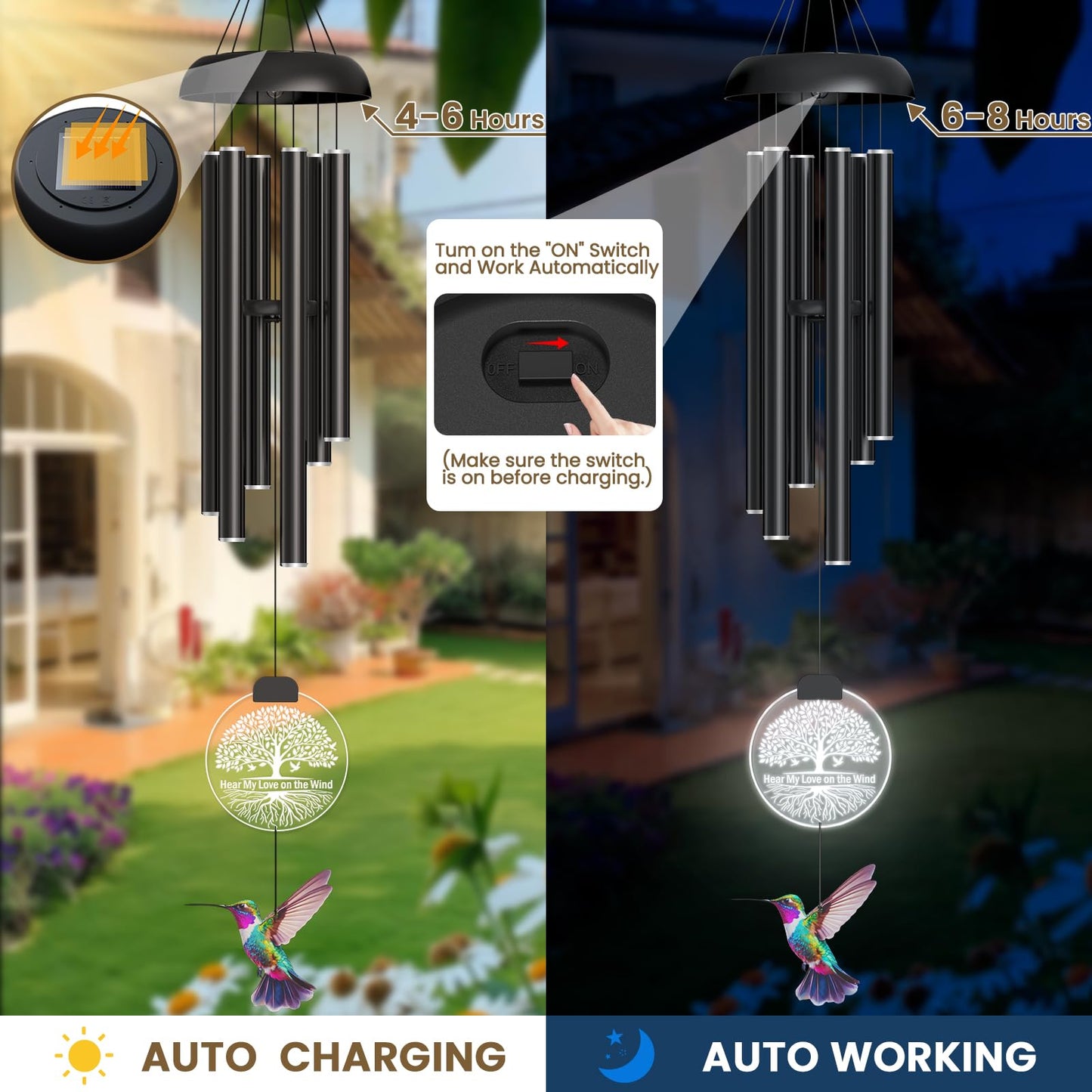 37" Solar Wind Chimes for Outside, Memorial Wind Chimes with Solar Powered Acrylic Lights & Hand-Painted Hummingbird – Sympathy Gift for Loss of Loved One, Outdoor Wind Chimes for Garden, Patio, Yard