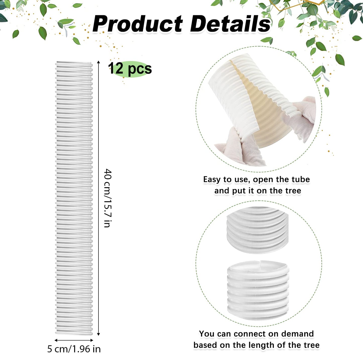 Nuenen 12 Pcs Corrugated Tree Guards, Long 15.75 Inch Diameter 1.96 Inch Pp Tree Trunk Protectors, Tree Bark Protector Tube Wraps for Saplings Plants Seedlings Deer Rabbit Cats Rodents Mowers (White)