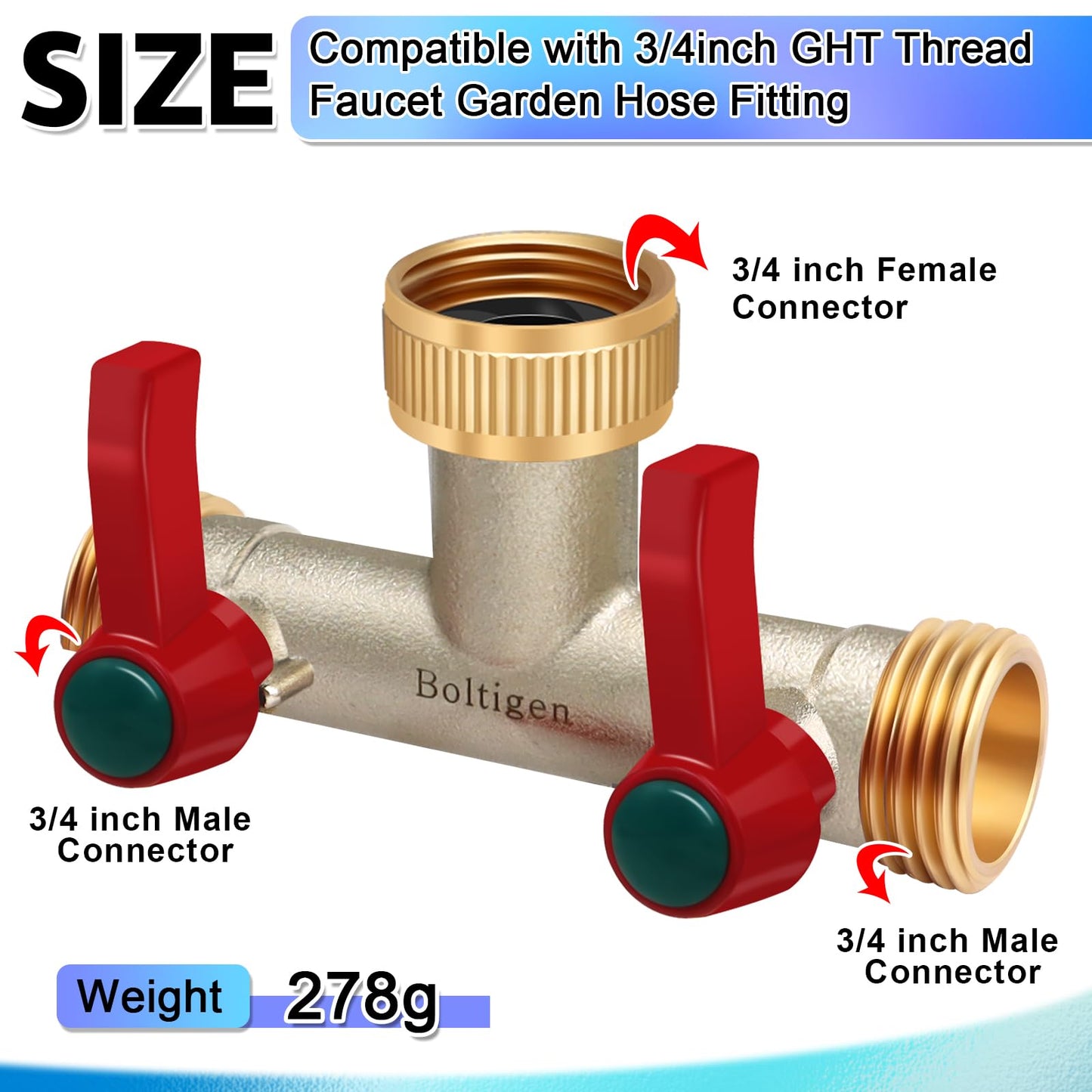 Boltigen 3/4’’ GHT Garden Hose Splitter，2 Way Heavy Duty Water Hose Splitter, Brass Nickel Plated Outdoor Faucet Extender Splitter, T Type 180 Degree Garden Hose Bib Splitter with Shut-Off Valves