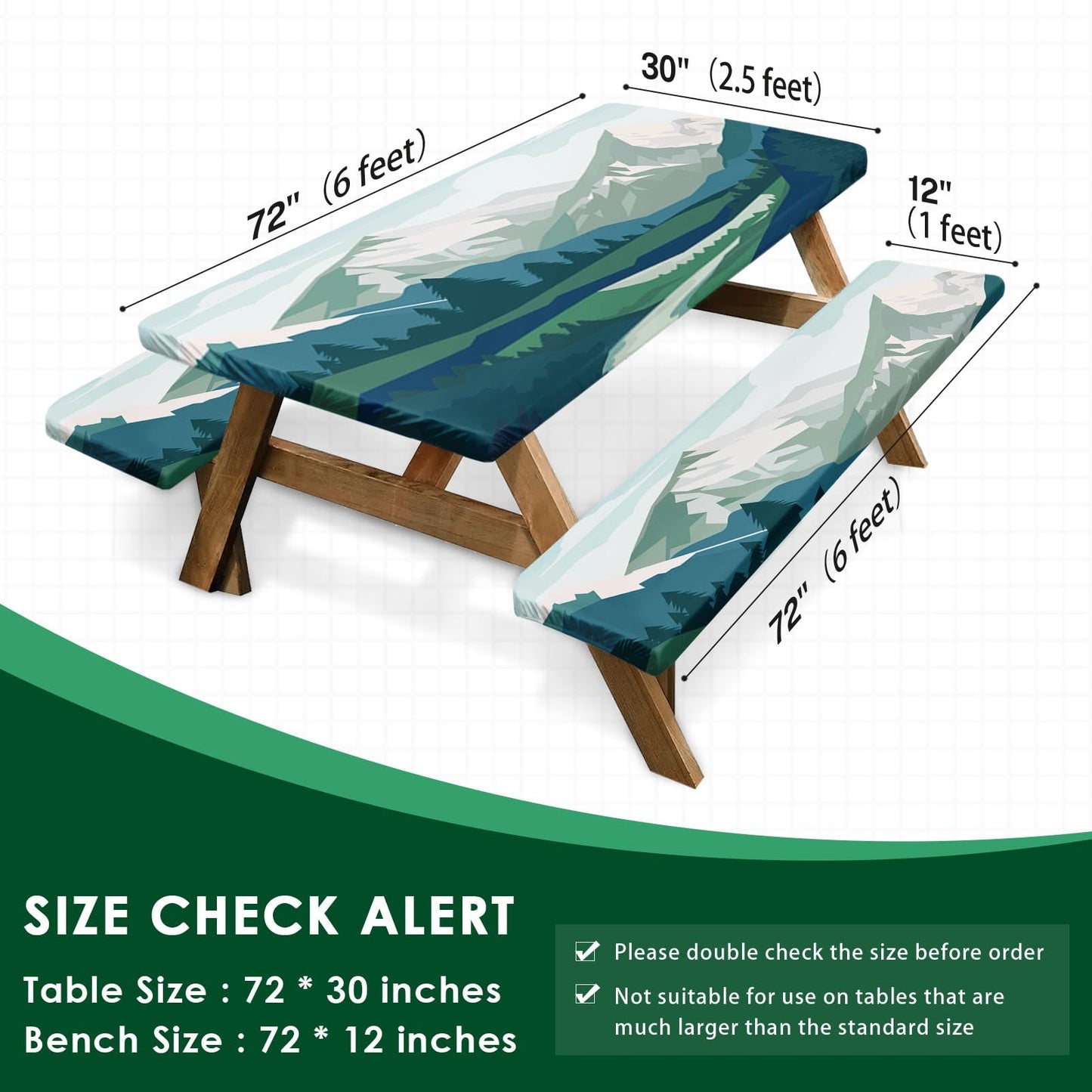 Britown 3 Piece Fitted Picnic Table Cover with Bench Covers, 72"x30" Full Elastic Edge Camping Tablecloth, Waterproof Wipeable RV Outdoor Patio Park Camping Essentials With Drawstring Bag (Mountain)