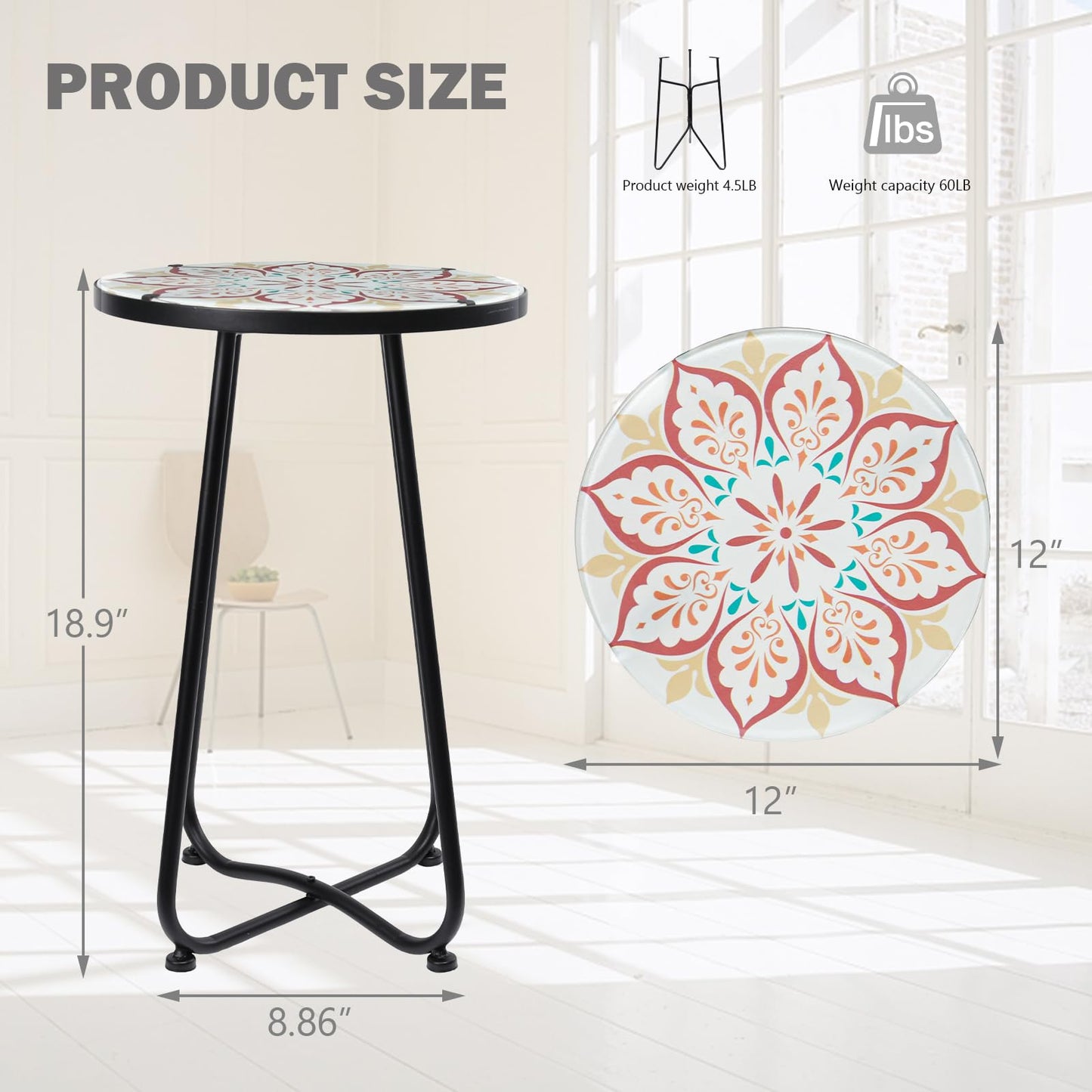 VCUTEKA Patio Side Table Outdoor Accent Table Bistro Coffee Table Plant End Table Small Porch Table Indoor Round Glass Balcony Plant Table Stands Khaki Flower 12 inches