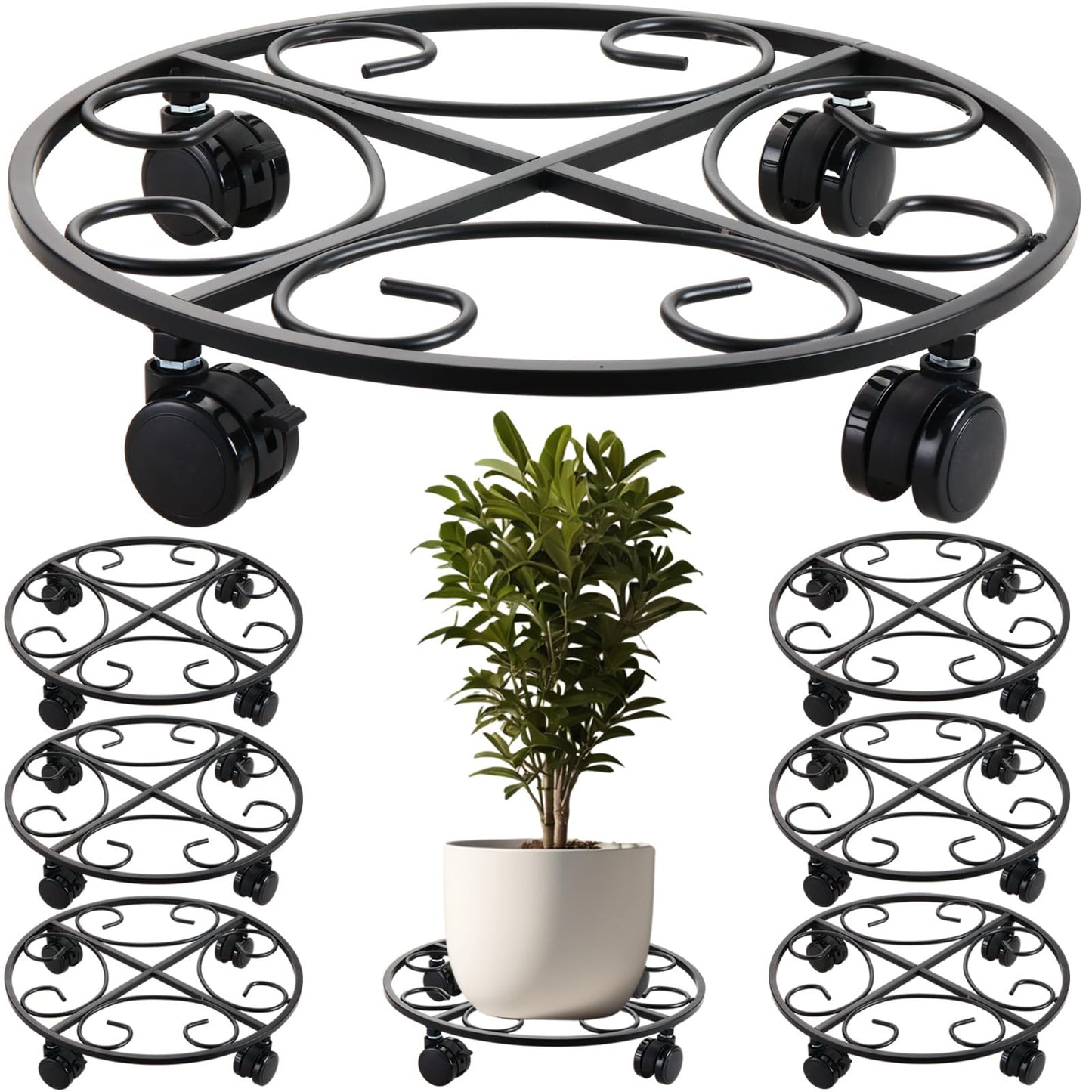 6-pack 15.8 inches Extra-large Metal Plant Caddy with Wheels Rolling Plant Stands Wheeled Plant Dolly Coasters Heavy-duty Pot Mover Roller Base Indoor Outdoor Garden Planter Trolley Cart, Black