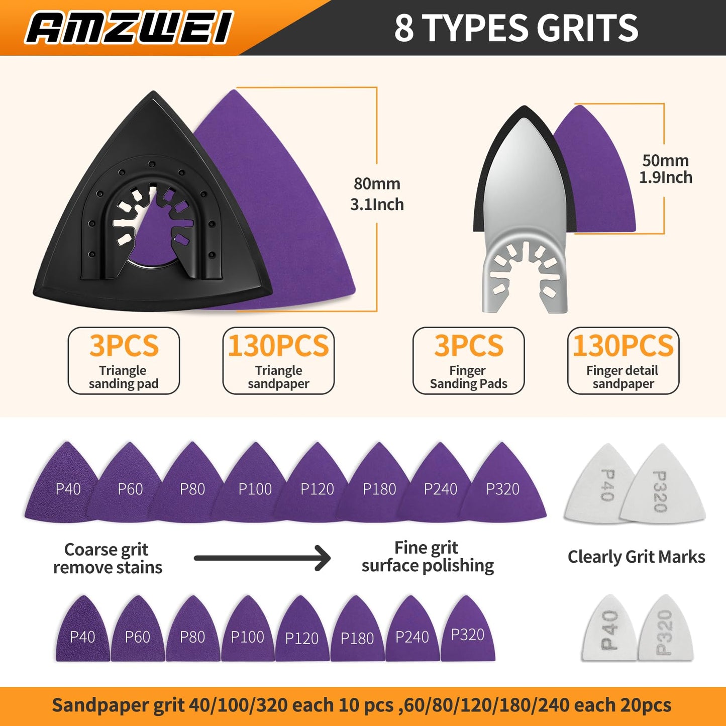 AMZWEI Upgraded 266CS Zirconia Oscillating Tool Sanding Kit with 3 Triangle & 3 Finger Sanding Pads, 260 Detail Sandpapers for Corner Wood Plaster Sanding, Comptatible with Dewalt, Milwaukee, Ryobi