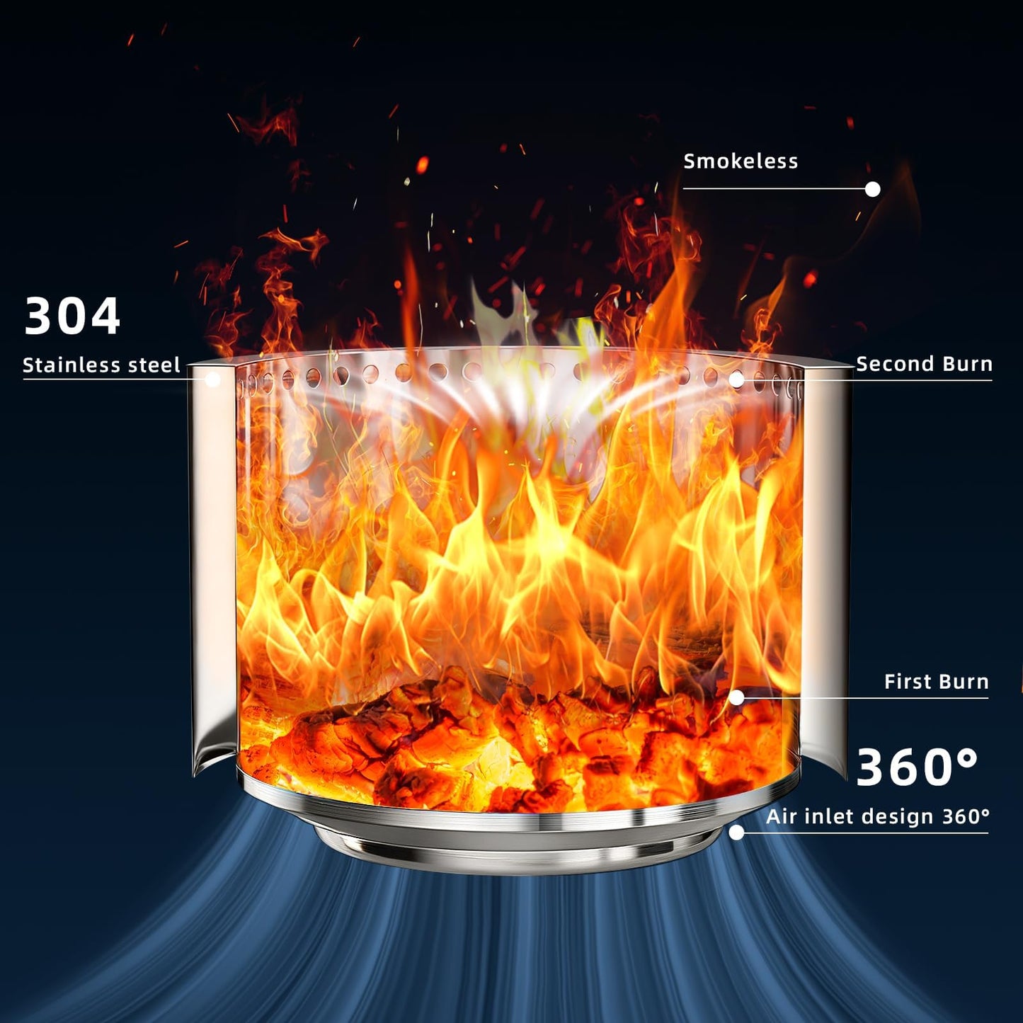 CABZOON Smokeless Fire Pits for Outside,Solo Bonfire Fire Pit with Removable Ash Pan,304 Stainless Steel Liner Heightening Outdoor Heater, Enhanced Airflow and Easy Cleanup