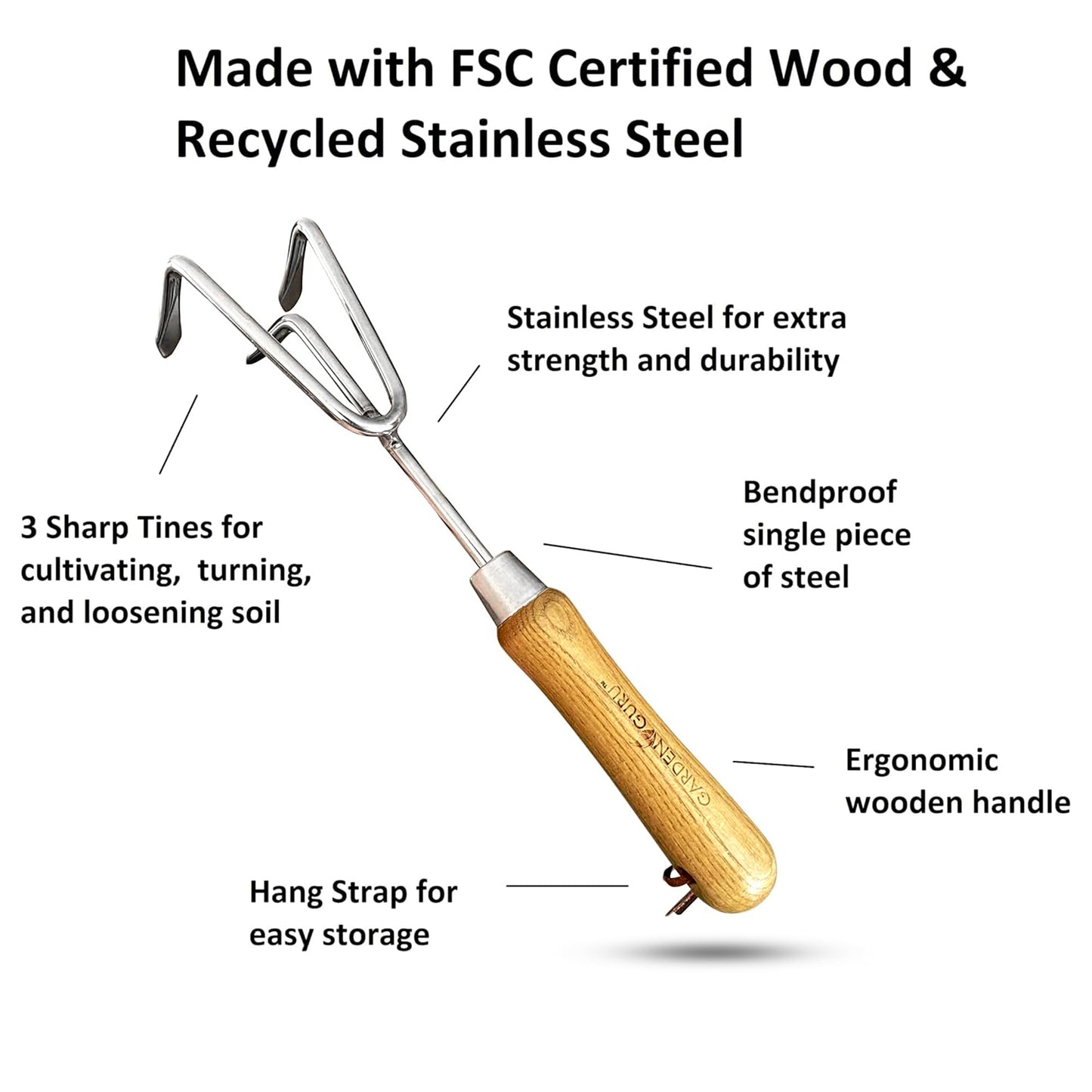Garden Guru Eco Hand Cultivator Rake Tiller Tool- 100% Recycled Stainless Steel - Rust Resistant - FSC Certified Wood Ergonomic Handle - Great for Gardening Cultivating Loosening Weeding