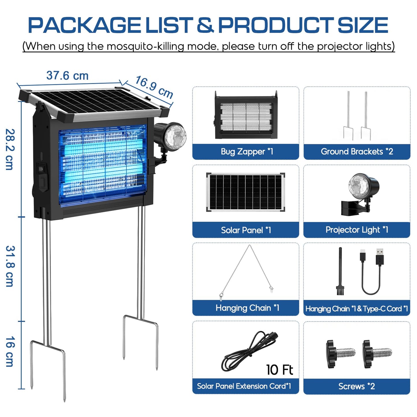 Solar Bug Zapper Outdoor with Projector Lights, 4500V Waterproof Mosquito Zapper, Dual Solar & USB Rechargeable, Smart Dusk to Dawn, Cordless Insect Killer for Patio, Garden, Backyard, Camping