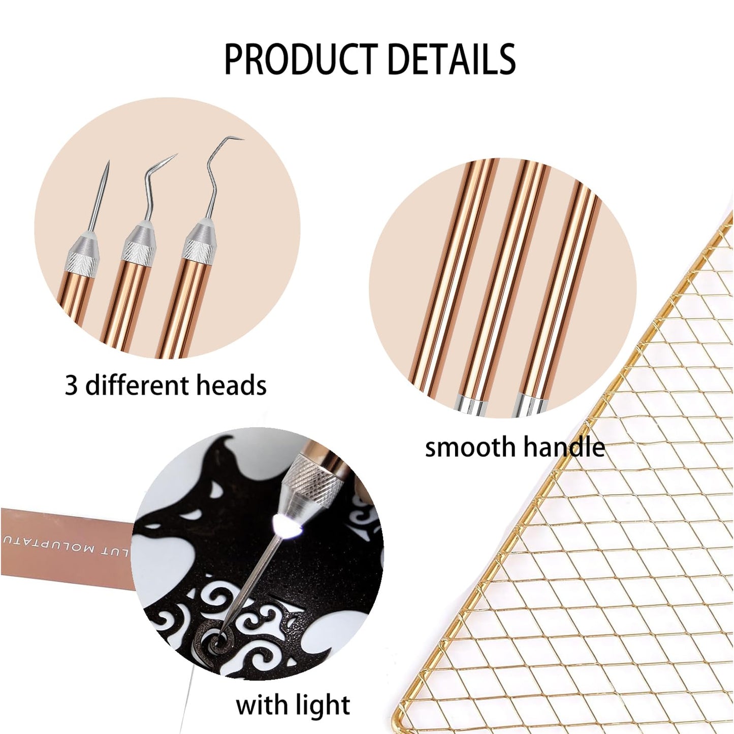 3PCS LED Weeding Tools for Vinyl with Light with Pin and Hook Lighted Pin Pen Weeding Tool for Removing Iron on Tiny Vinyl Paper Silhouette Cutting Machines Supply (Rose Gold) (3PCS-Rose Gold)