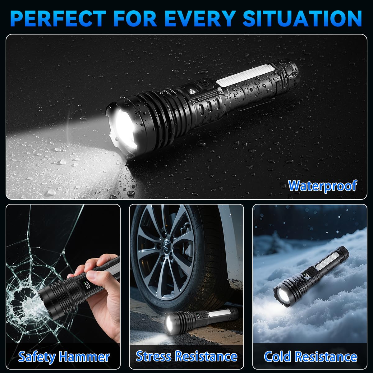 4Pack Flashlights High Lumens 9900FL, 7Mode Flashlight Rechargeable with LCD Digital Display, Rechargeable Flashlights with COB Light, Adjustable Super Bright Flashlight, Powerful Tactical Flash Light