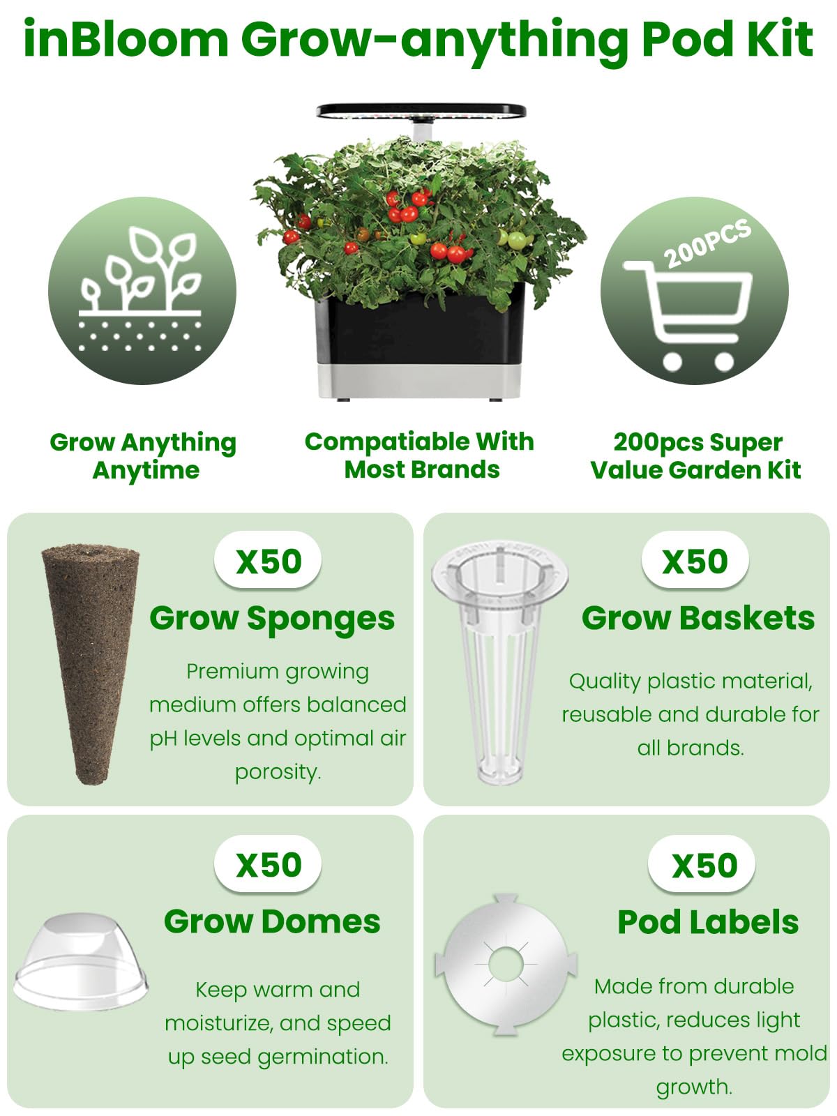 inbloom Grow Anything Seed Pod Kit for AeroGarden, Ahopegarden, GARDENCUBE, iDoo, MUFGA Hydroponic Growing System, 200 Pcs Indoor Garden Supply with 50 Grow Sponges, 50 Baskets, 50 Domes and 50 Labels