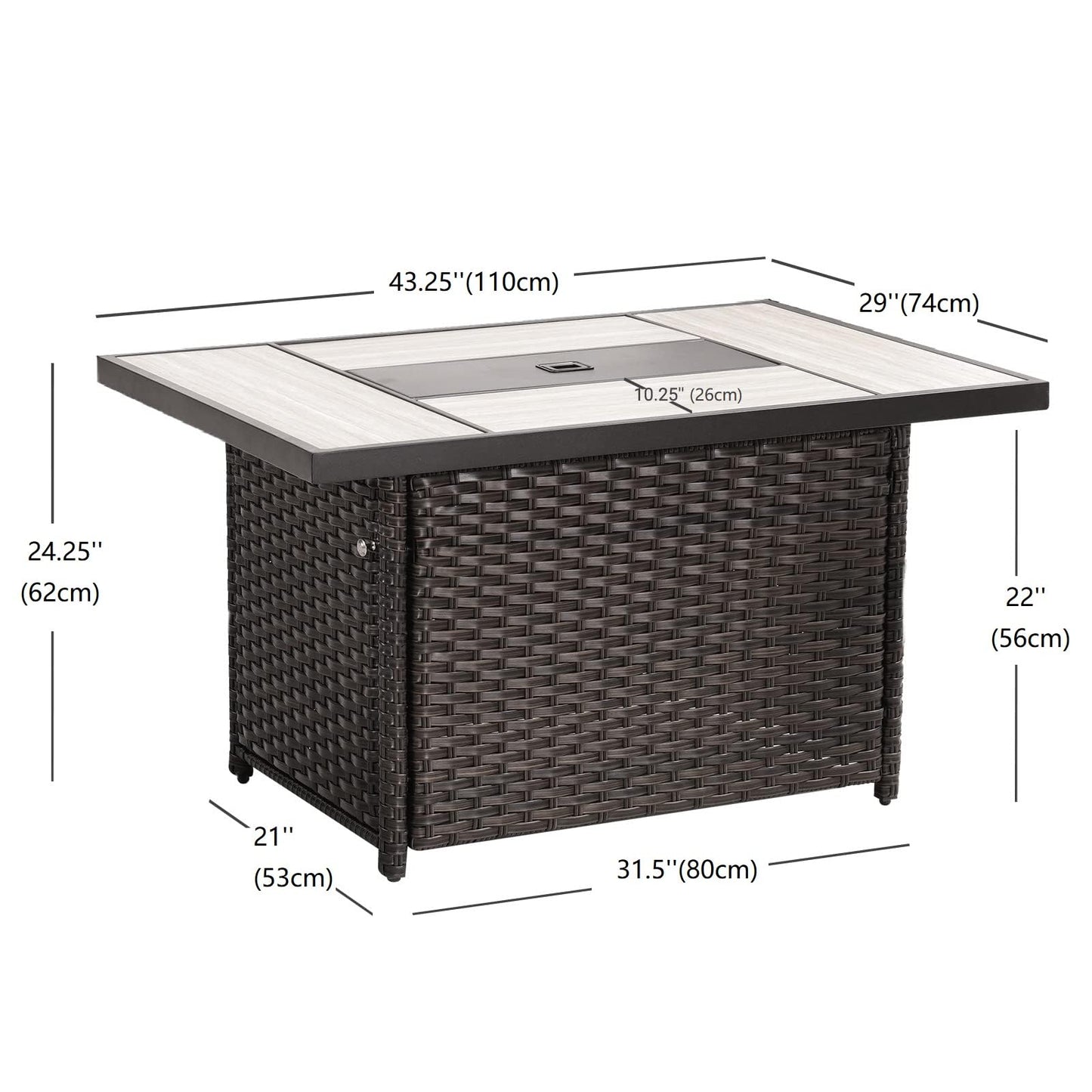 Grand Patio Outdoor 43-Inch CSA Safety Approved Gas Fire Pit Table 60,000 BTU Rectangle Propane Fire Pit with Ceramic Tile Top and Wicker Base