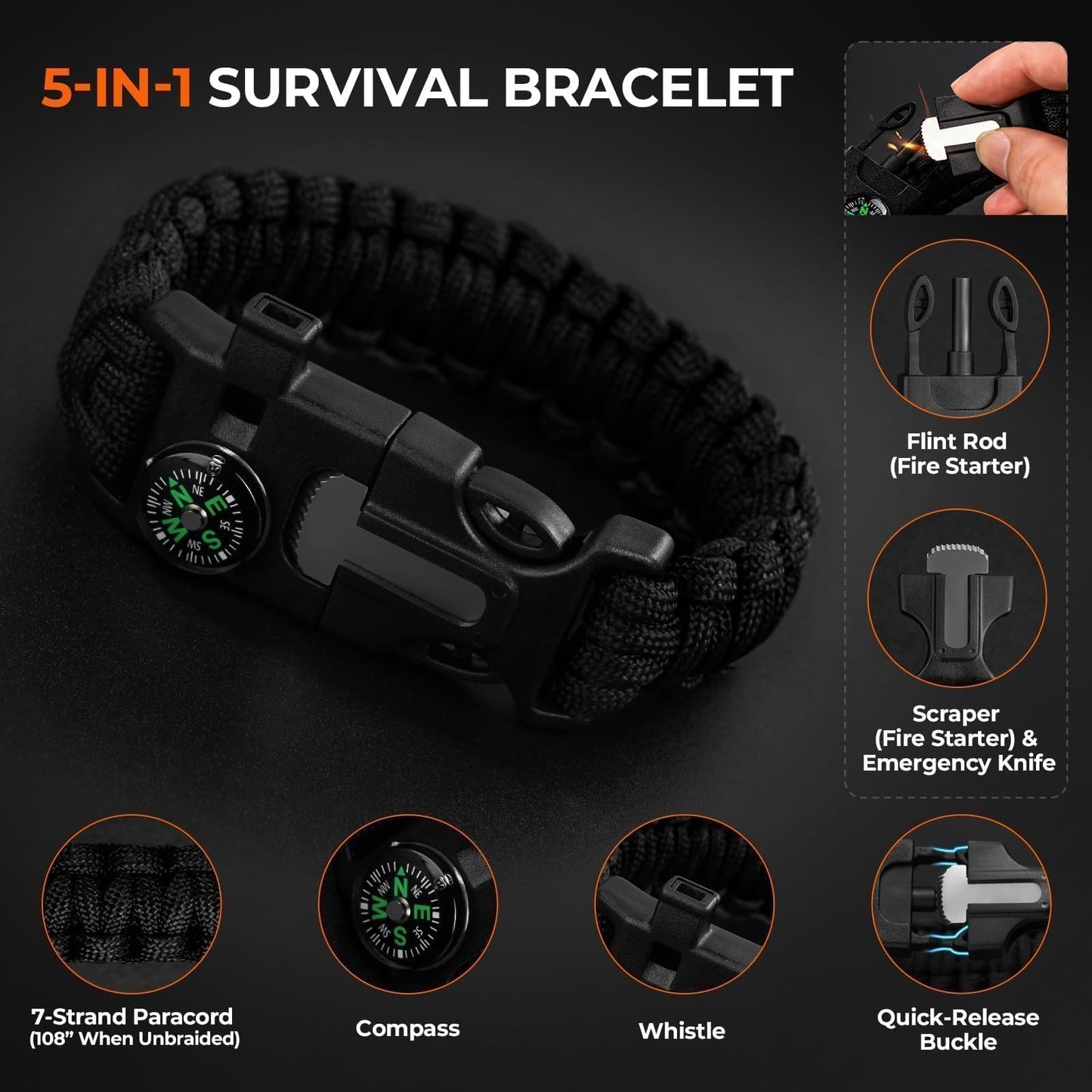 KastKing FieldLite Camping Gear Set, 5-Mode LED Headlamp, 7" Razor-Sharp Knife with Sheath & Fire Starter, 5-in-1 Tactical Bracelet, Multi-Function Outdoor Kit