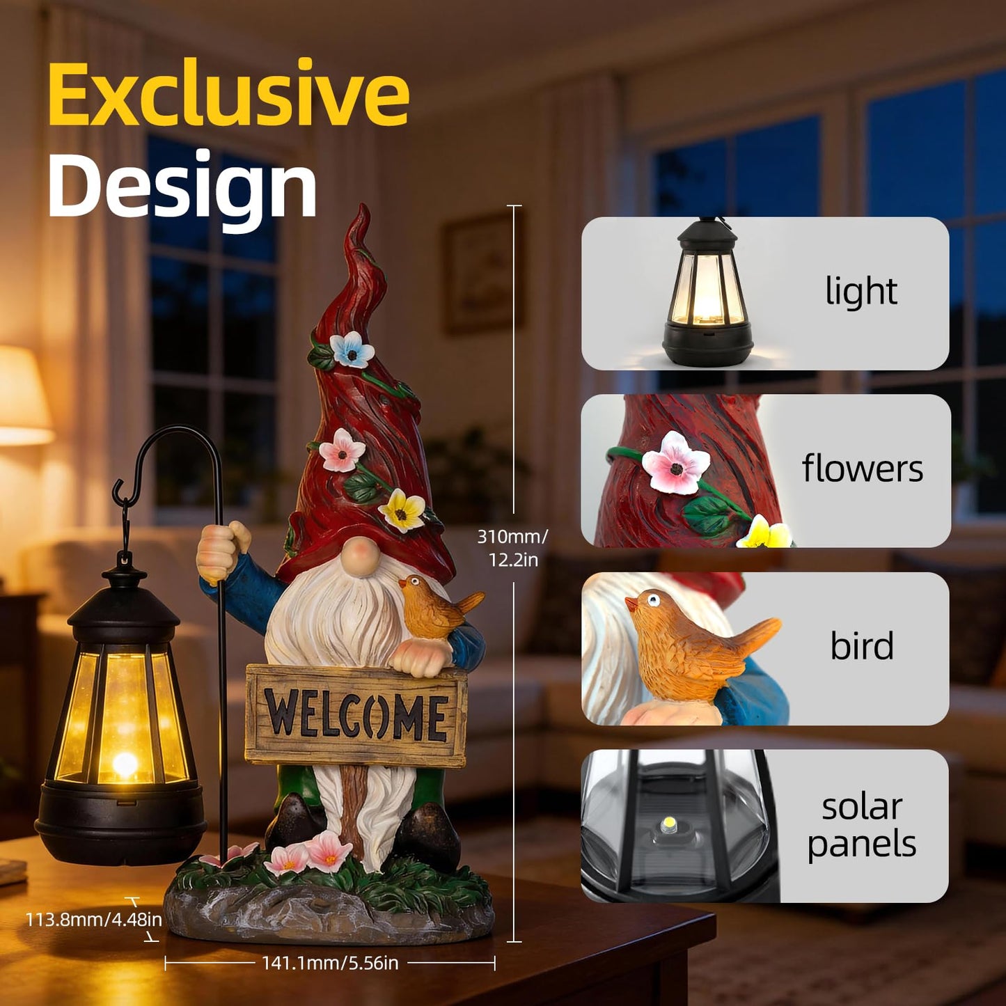 Garden Decor Gnomes Outdoor Statue with Solar Lights-Solar Garden Gnomes Decorations for Patio Lawn Yard Balcony with Lantern,Welcome Sign with Butterfly Flower, Birthday Gifts for Women Mom Grandma