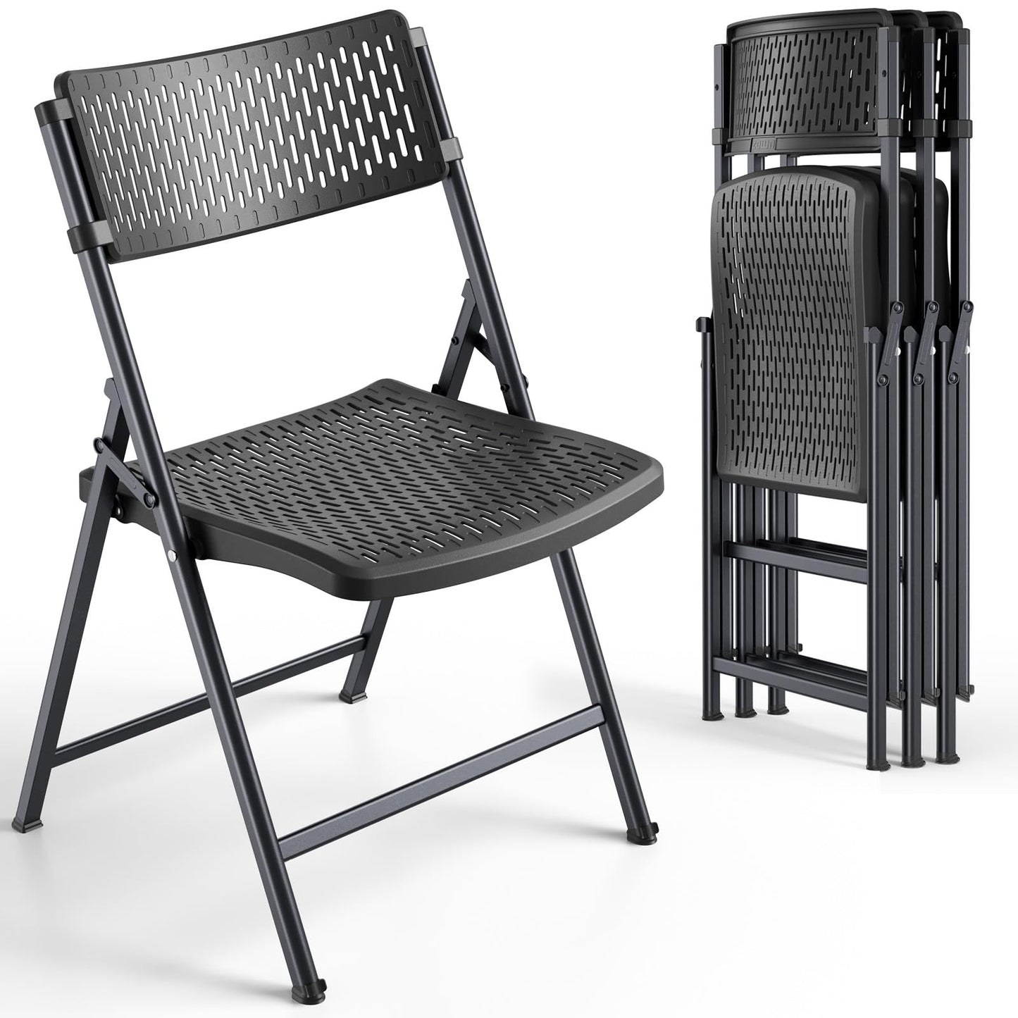 FurniEdge Black Folding Chairs 4-Pack, Breathable Plastic for Card Tables & Indoor Outdoor, Easy-Clean & Supports 400 Lbs
