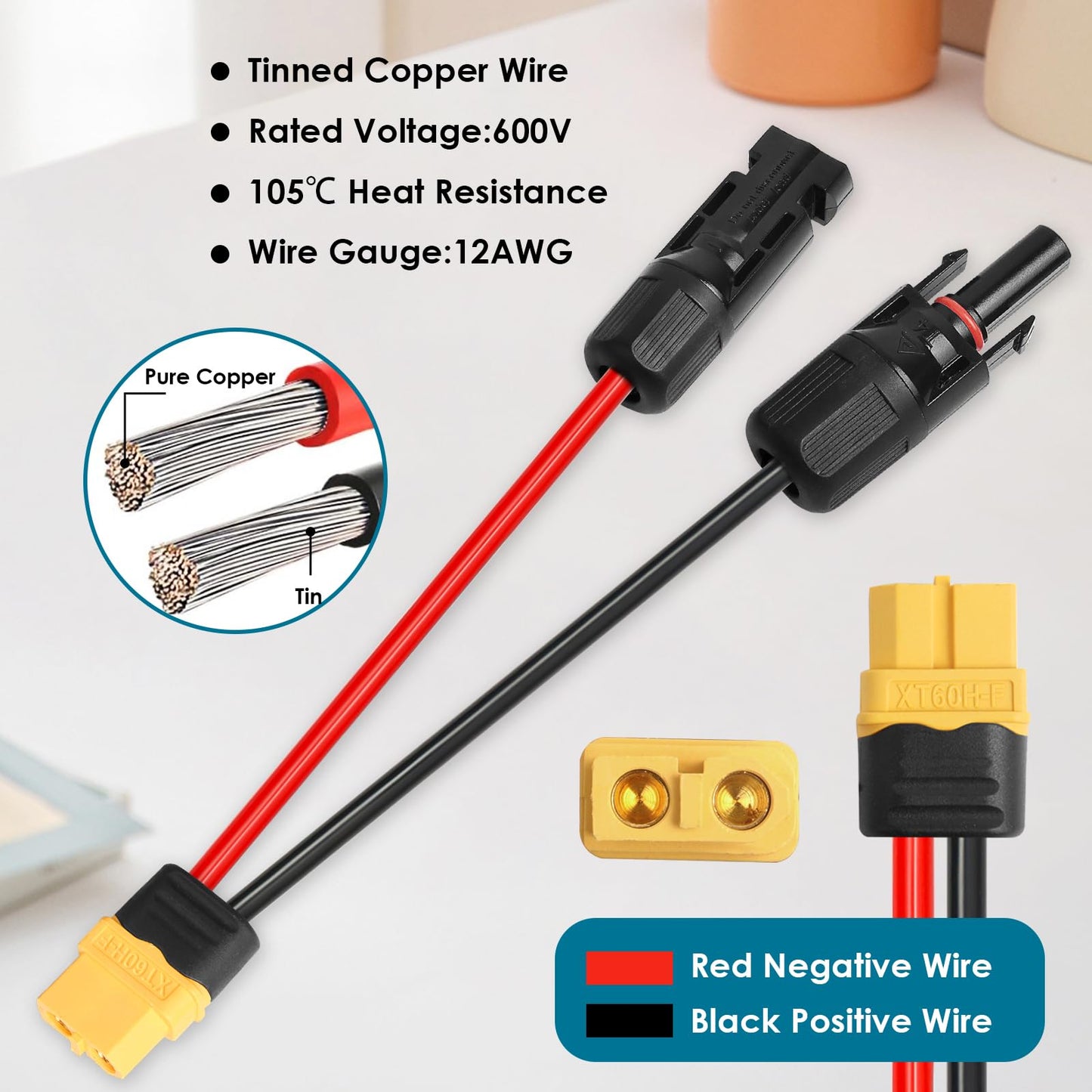 MOOKEERF Solar to XT60 Charge Extension Cable 25FT 12AWG XT60 Solar Cable for Portable Power Station Battery Pack