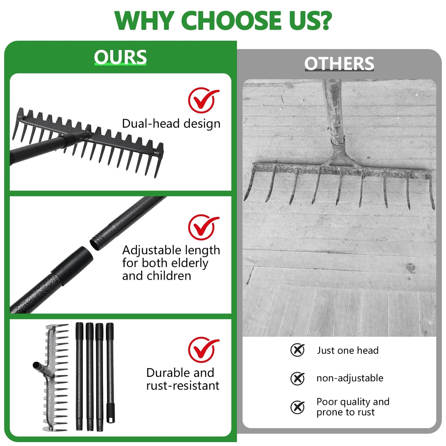 TAILERNRUYE 63 inch Bow Rake, 2-in-1 Metal Garden Lawn Rake for Weeding Digger Loosening Soil Raking Leaf Leveling Rocks Spreading Mulch Gravel 17 Tines Adjustable Garden Rake