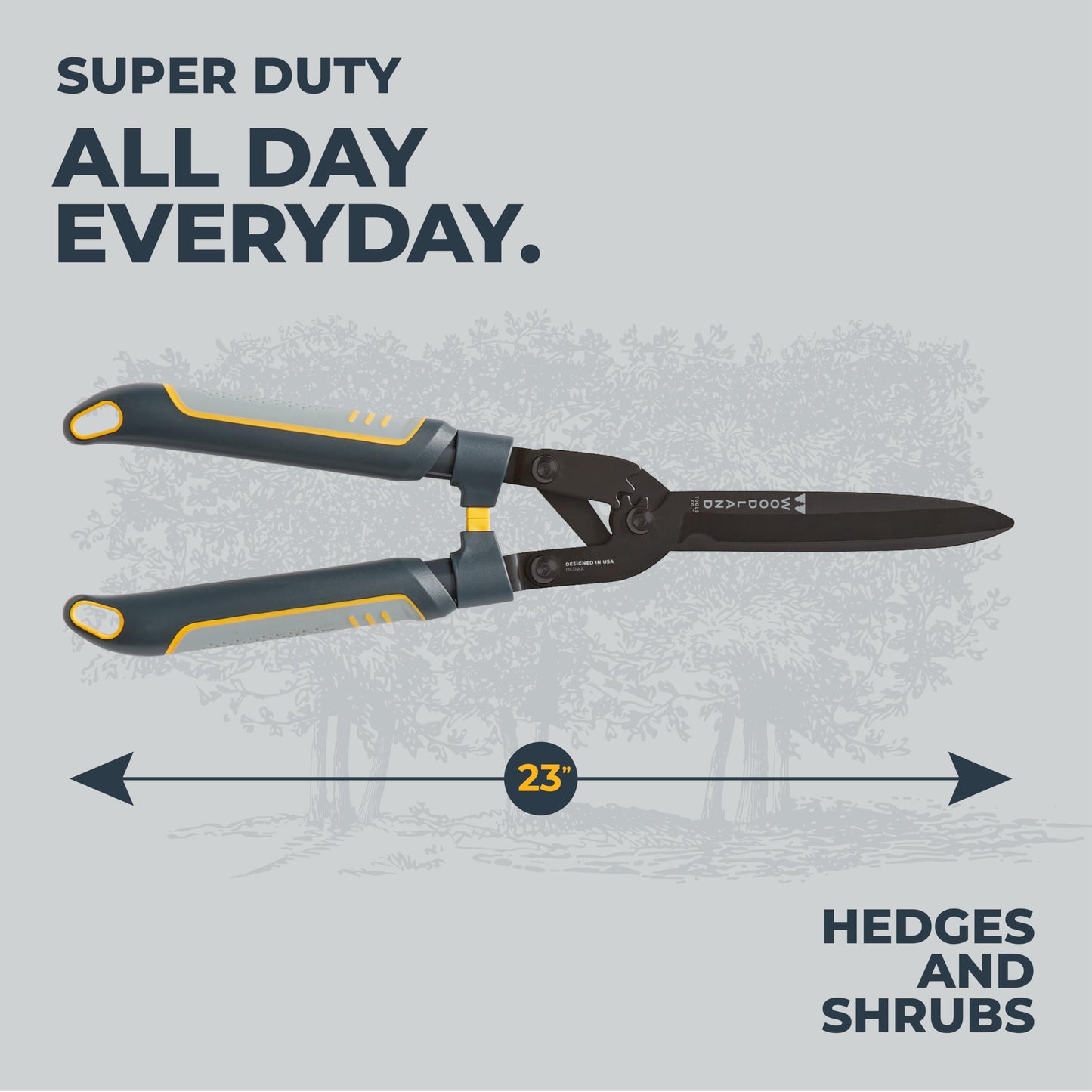 Woodland Tools Super Duty Hedge Shears, 23 Inch Manual Hedge Clippers with 10 Inch Gear-Assist Blades, Power Notch, and Non Stick Coating, Heavy Duty Trimmer for Thick Shrubs and Hedges
