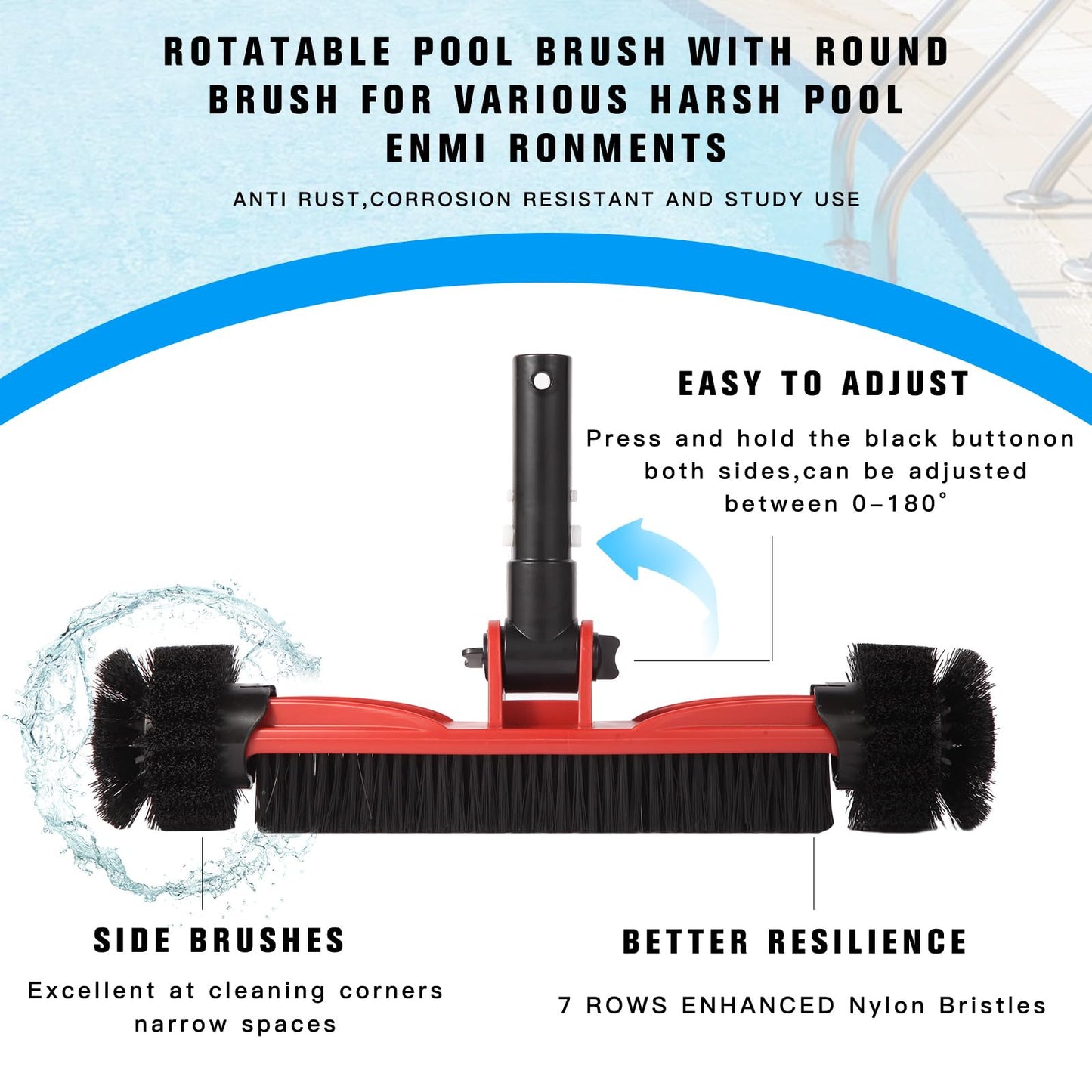 Pool Brush Head with Round Ends, Heavy Duty Pool Brushes for Cleaning Pool Walls, Floors Steps & Corners, 16" Pool Brush with Sturdy Aluminum Handle & Durable Nylon Bristles