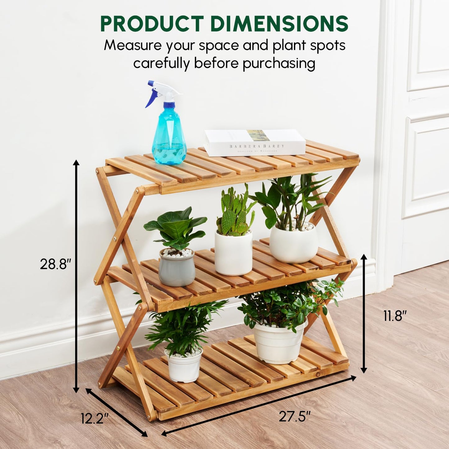 BEEFURNI Acacia Plant Stand Indoor, Wooden Outdoor Plant Stand, Foldable Plant Stand, 3 Tier Conner Space Flower Stand, Plant Ladder Stand (Natural)