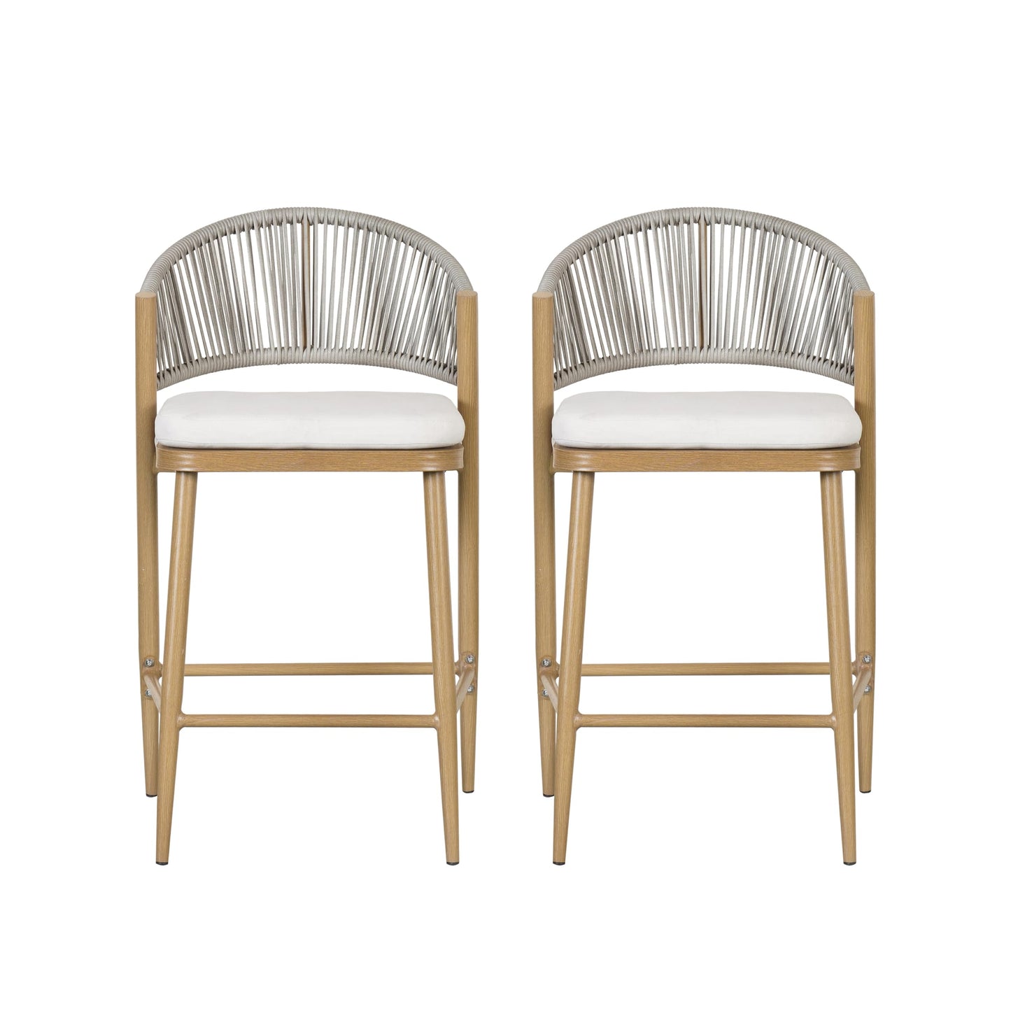 Christopher Knight Home Hearth 26.00" Patio Barstools Set of 2, Woven Wicker Counter Stool, Aluminum Frame Barstool, PE Rattan Scallop-Shape Backrest Woodlike Stool for Backyard Balcony Garden, Maple